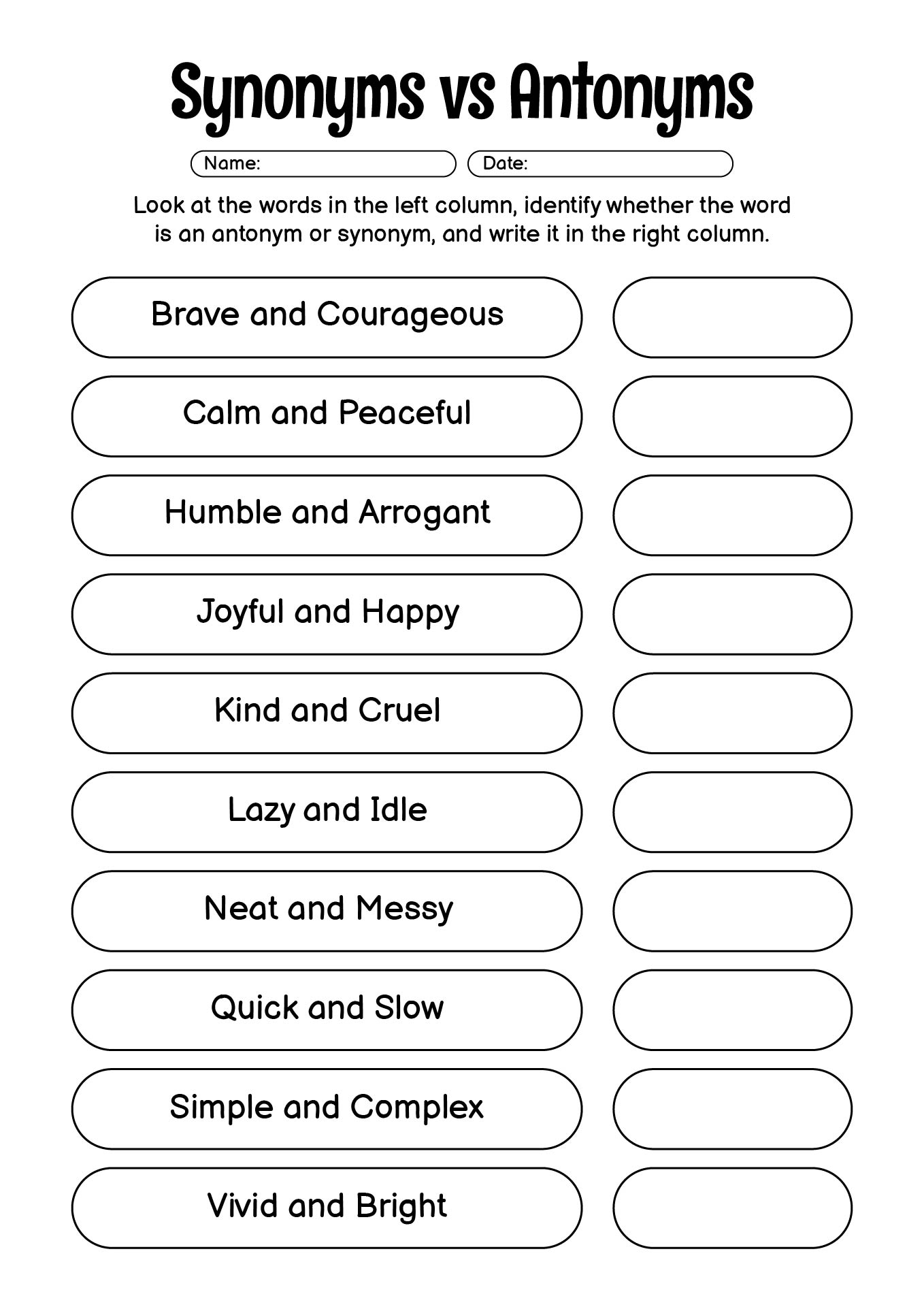 Synonyms vs Antonyms Language Skills Worksheets