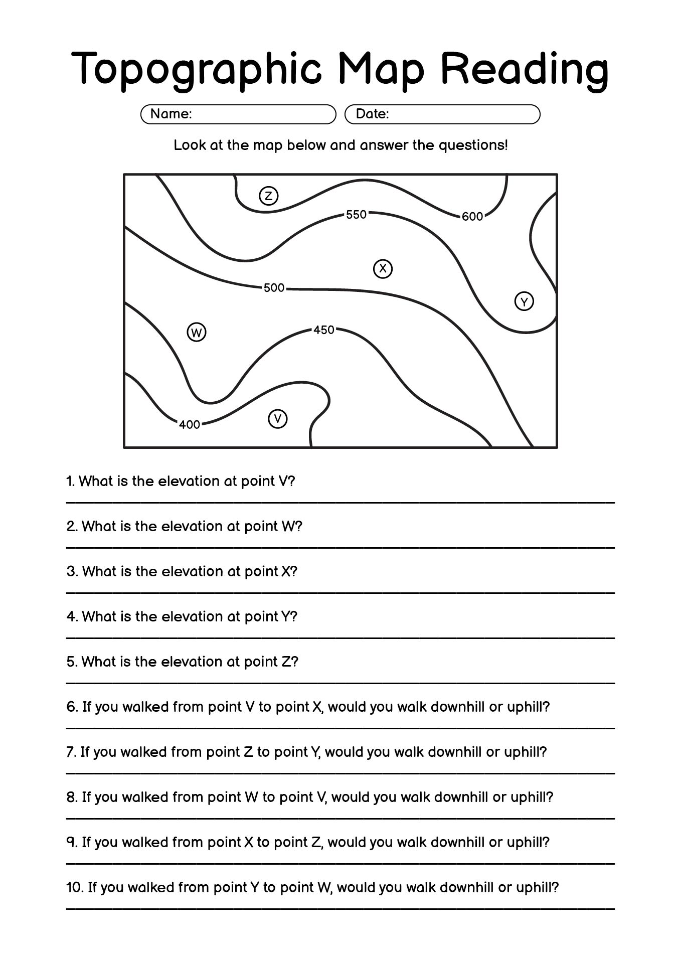 Topographic Map Reading Practice Worksheet