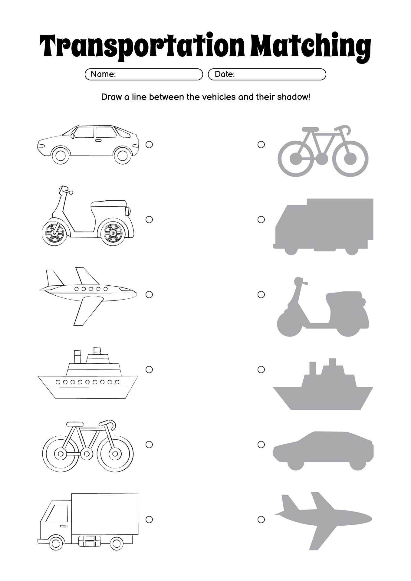 Transportation Matching Game Worksheets for Kids