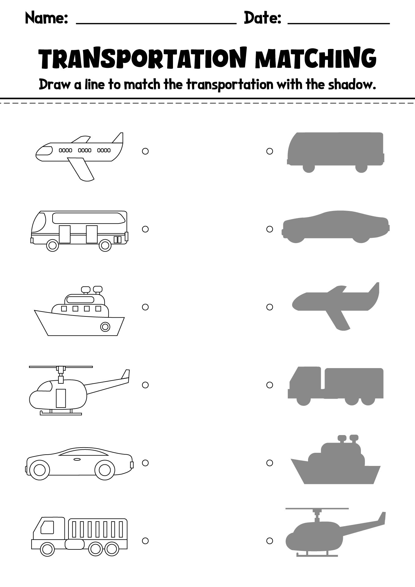 Transportation Matching Worksheets for Young Kids