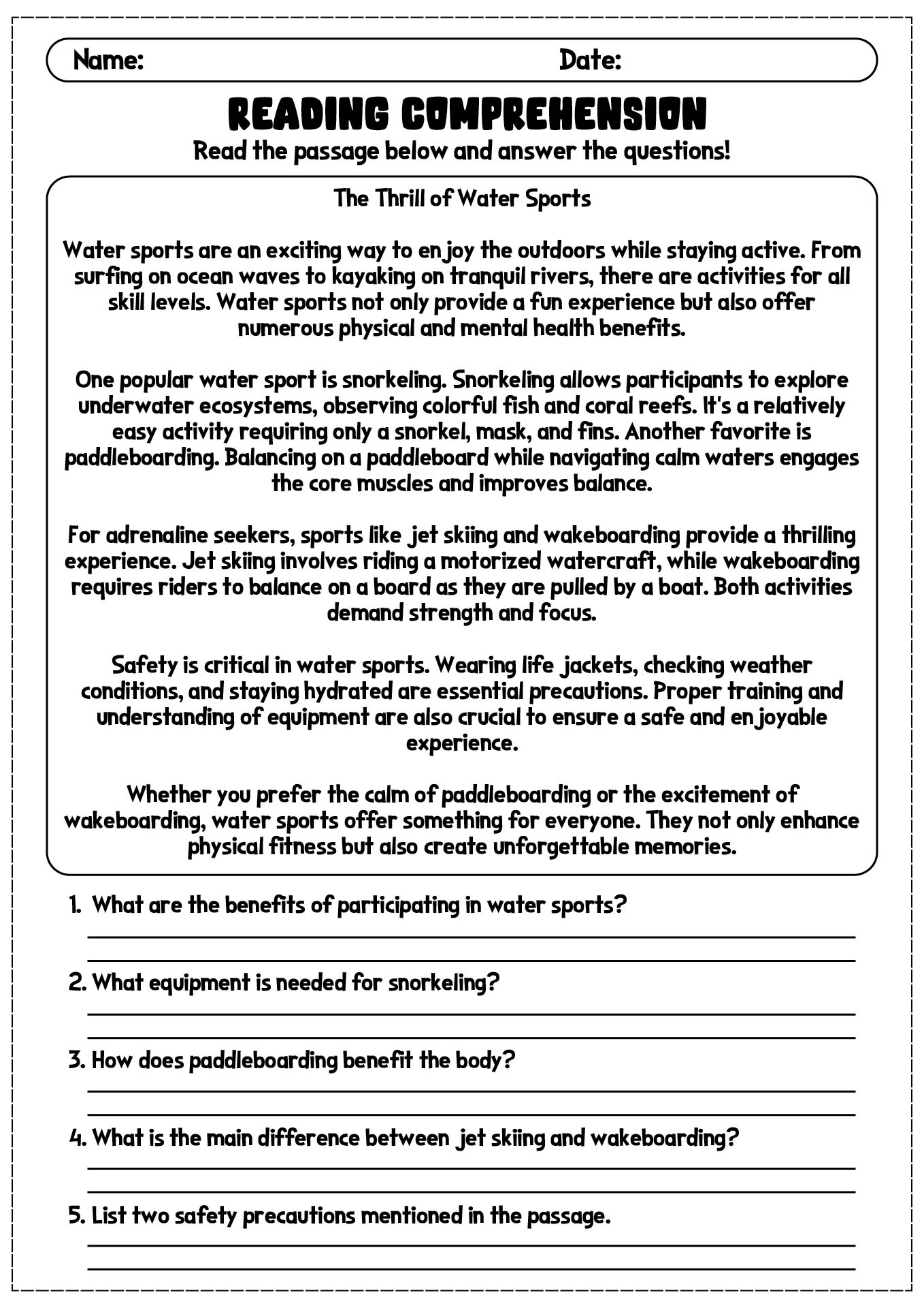 Water Sport Close Reading Passage Worksheet