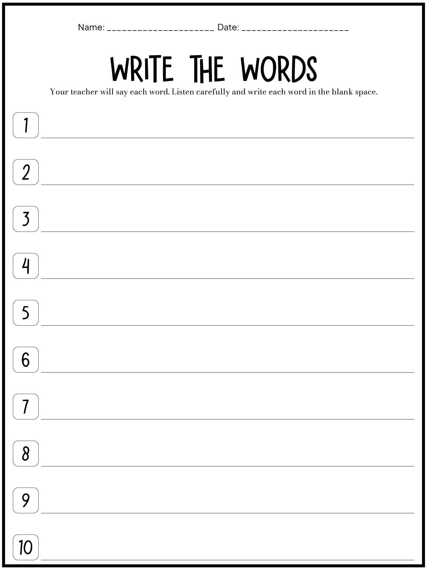 Weekly Spelling Test Worksheet