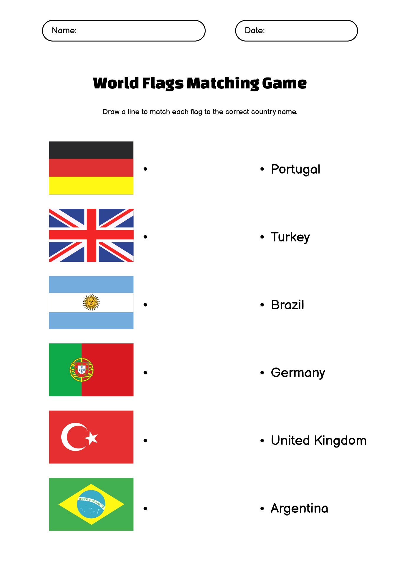 World Flags Matching Game Printable Worksheet