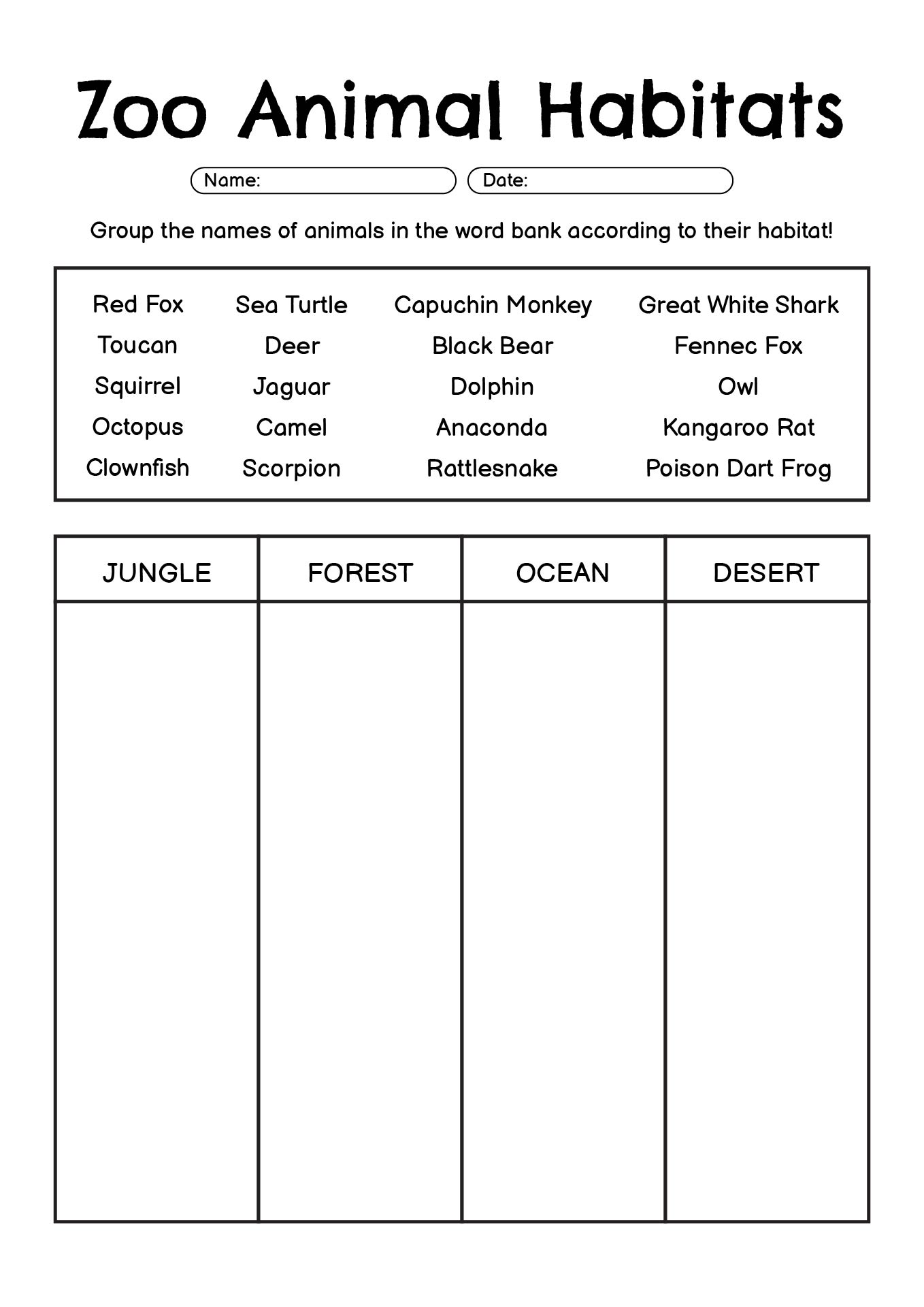 Zoo Animal Habitats Learning Worksheets