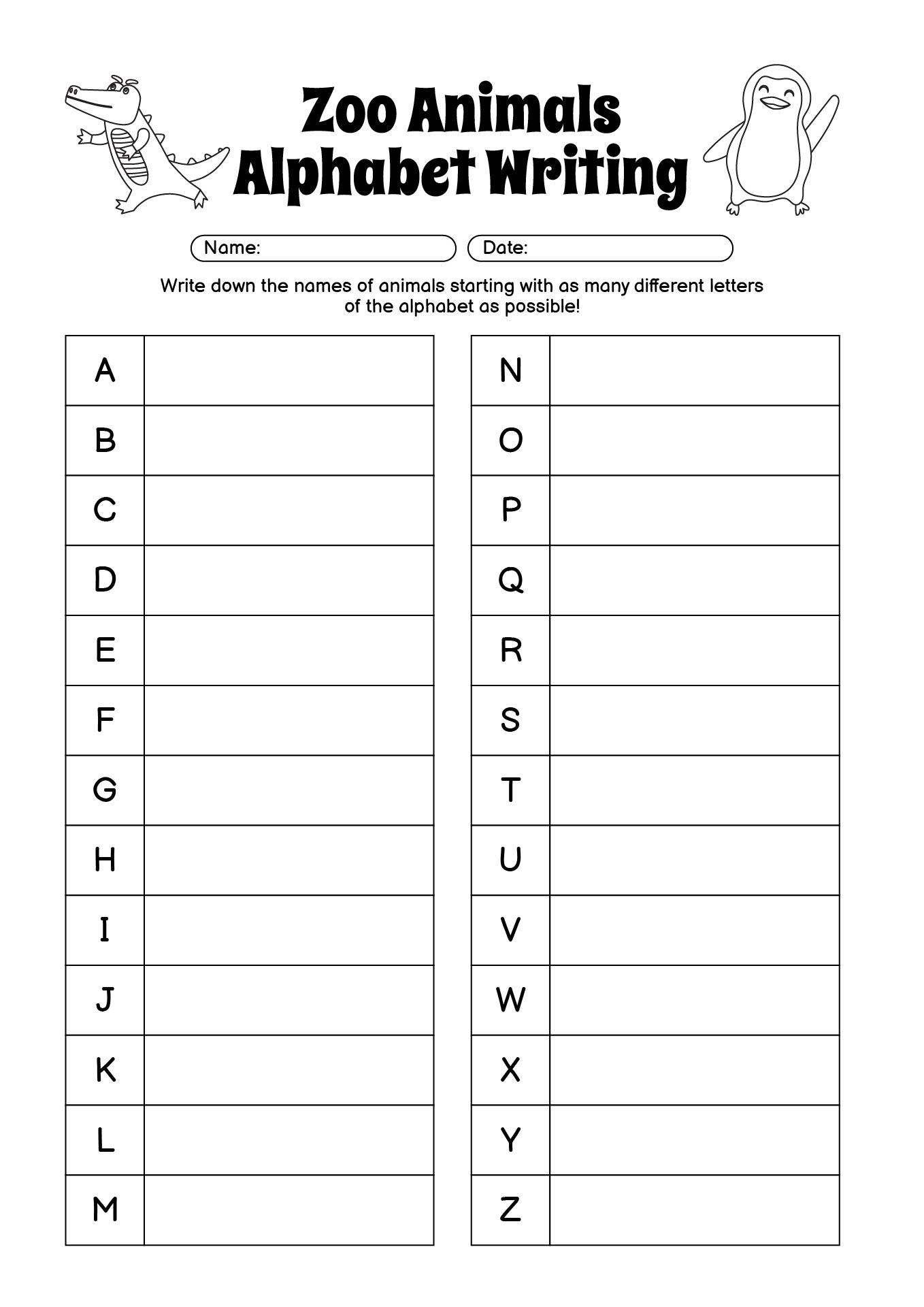 Zoo Animals Alphabet Writing Worksheets