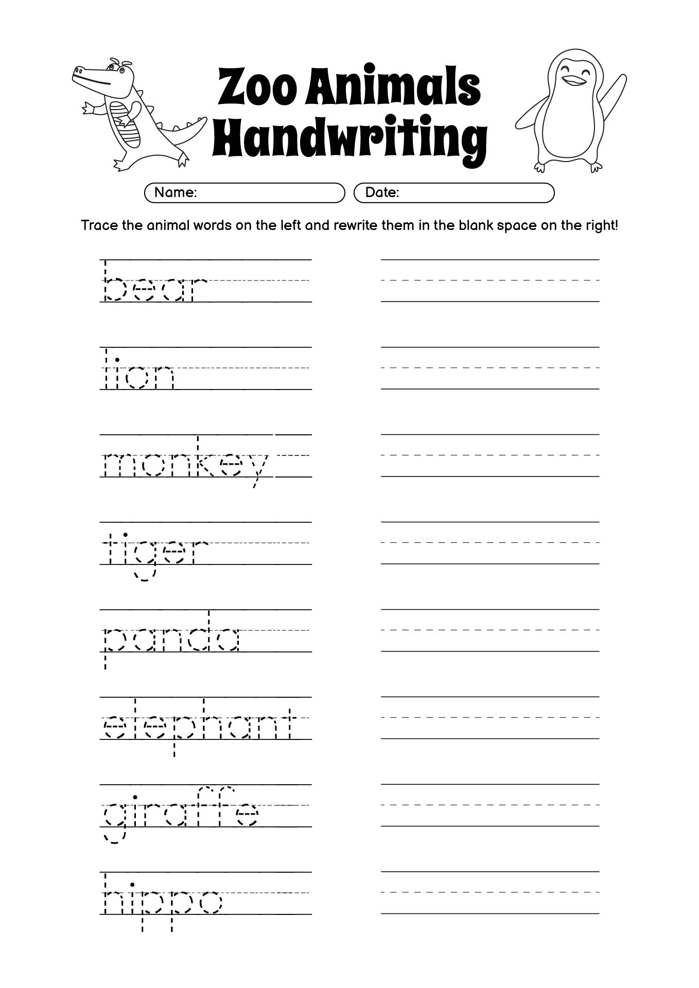 Zoo Animals Handwriting Practice Sheets