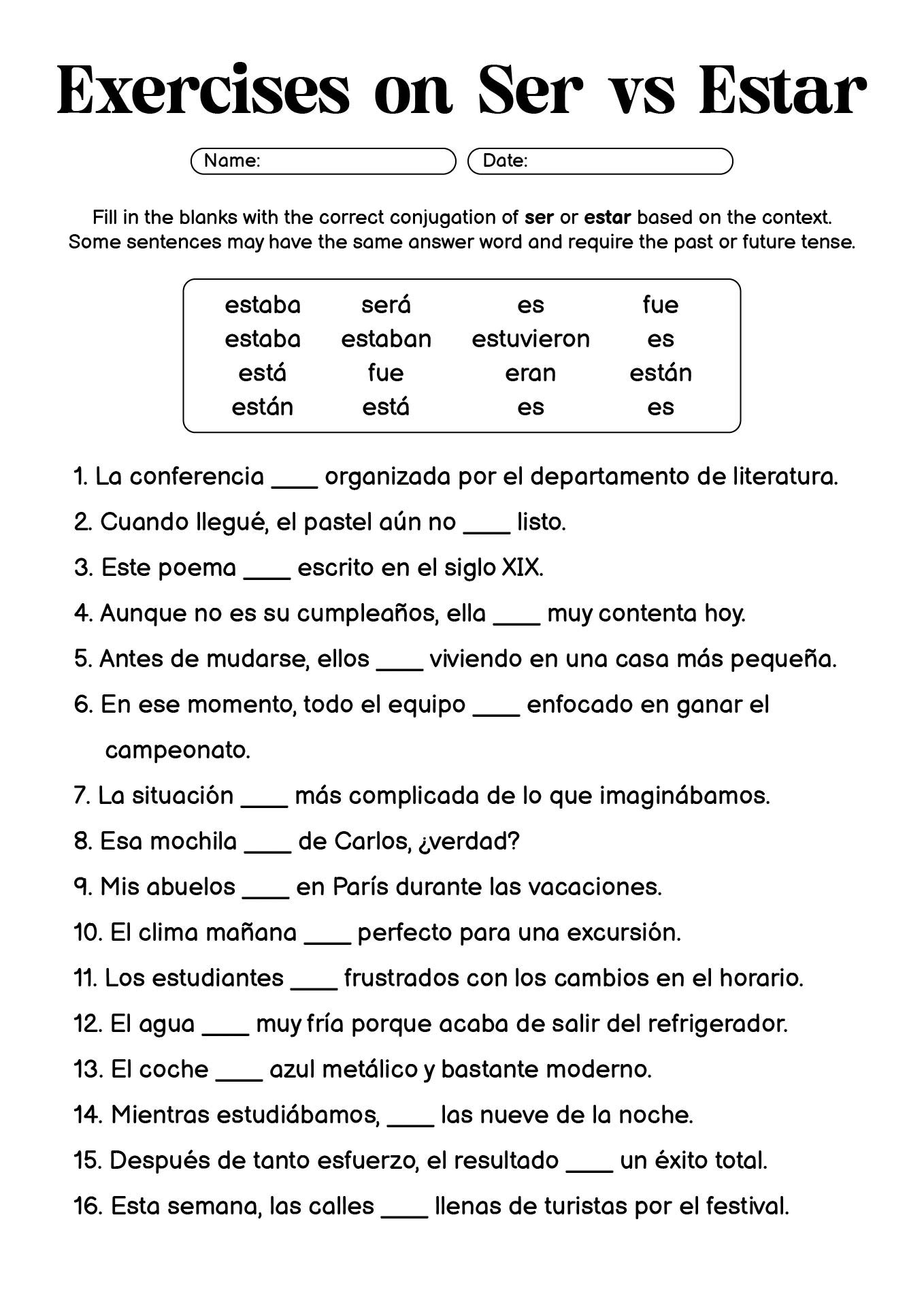 Advanced Exercises on Ser vs Estar for Students