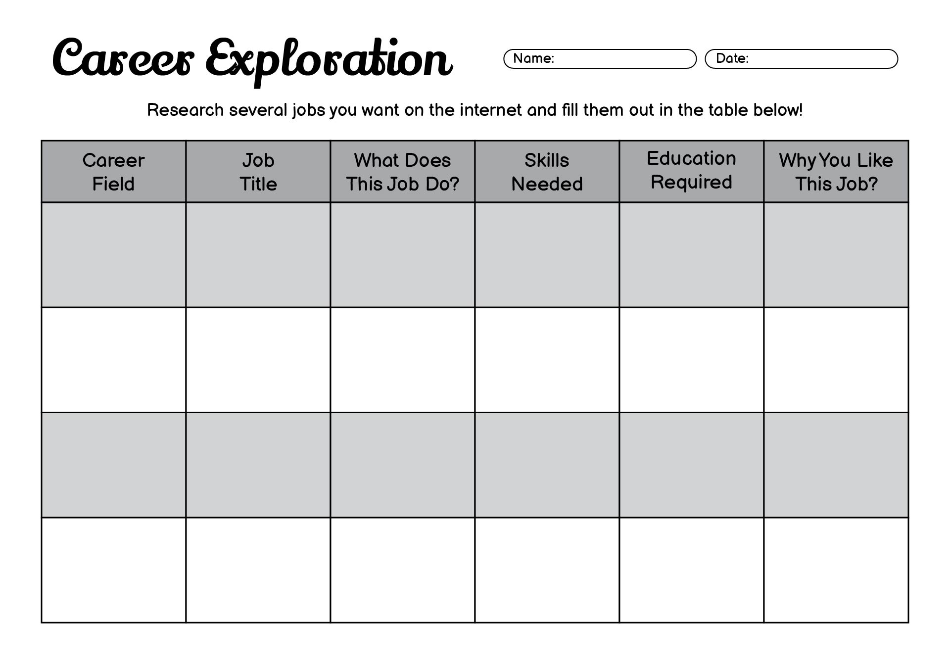 Career Exploration Activities Worksheet for Middle School