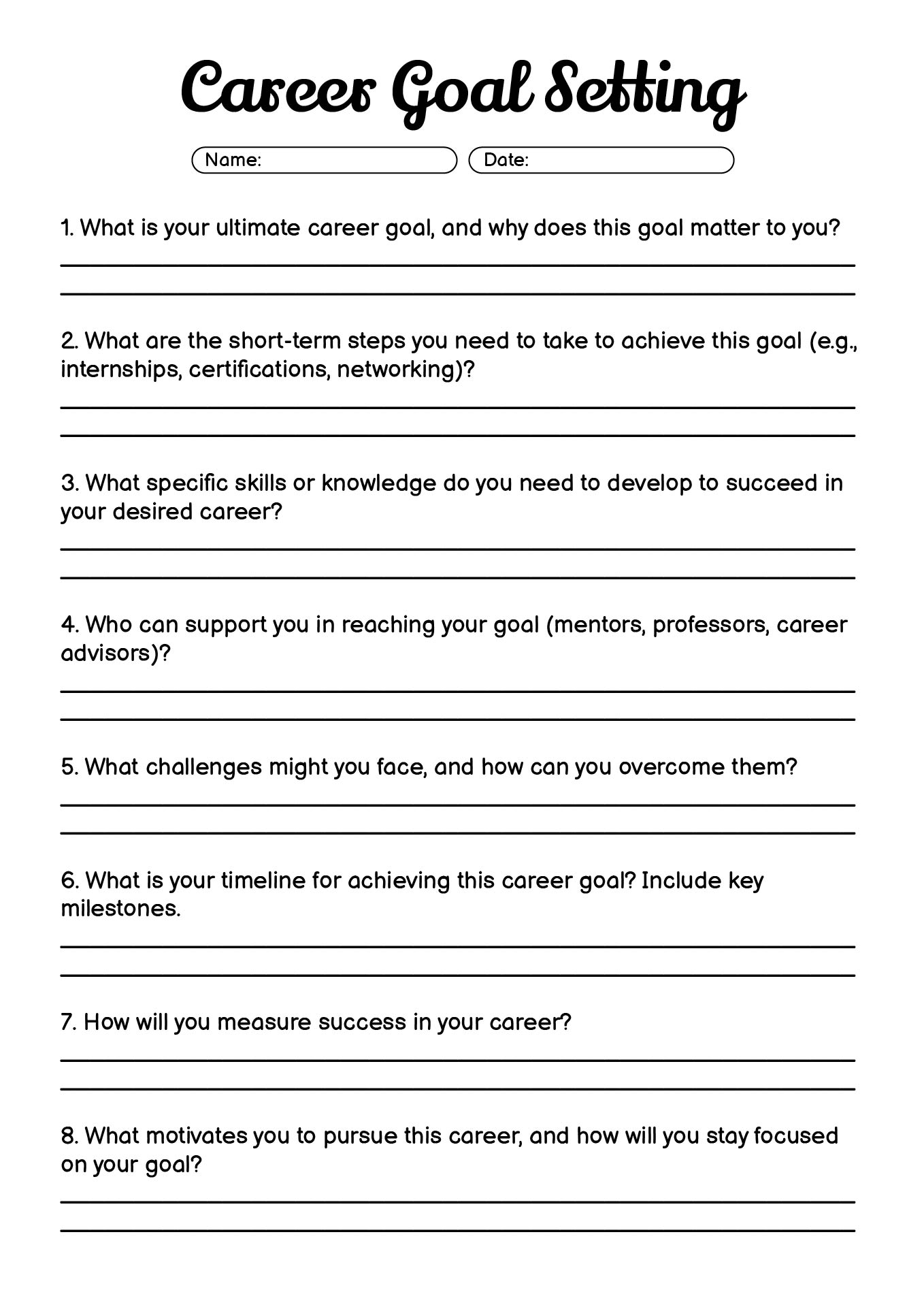 Career Goal Setting Worksheet for University Students