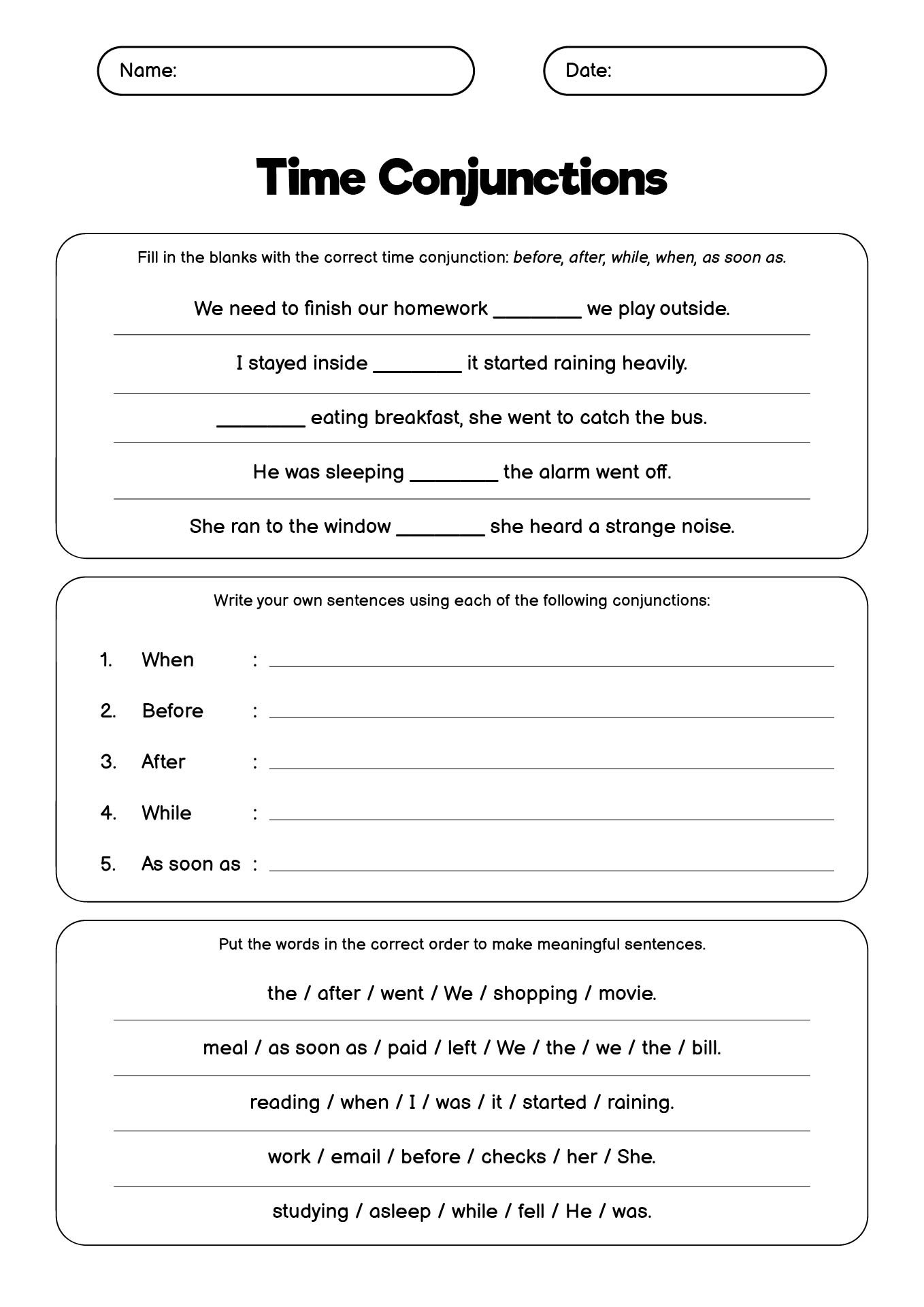 Conjunctions of Time worksheet