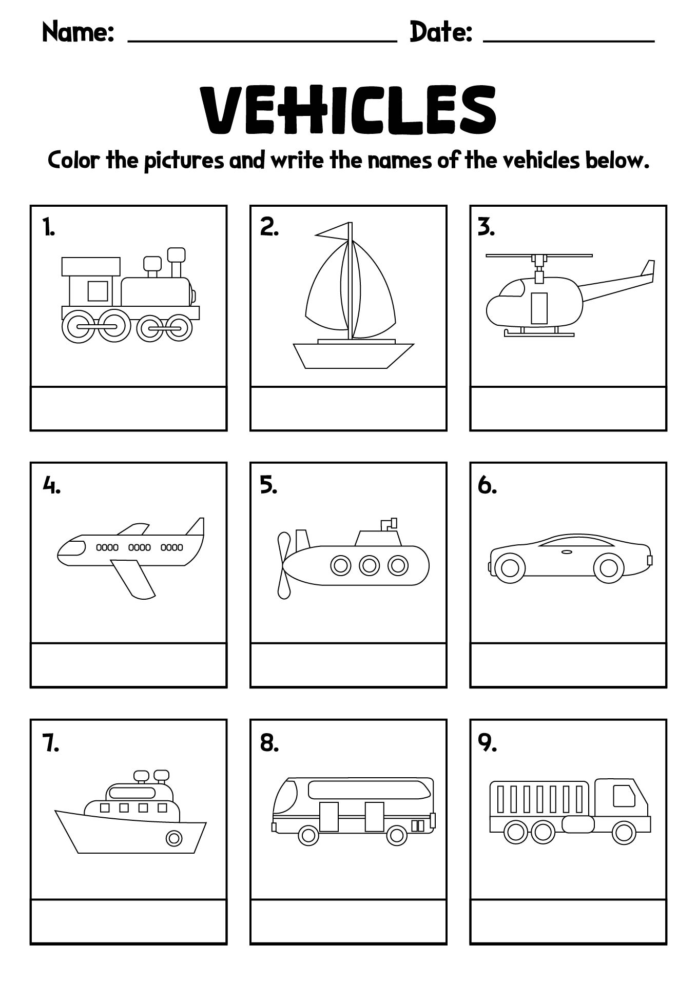 Identifying Vehicles Preschool Worksheets