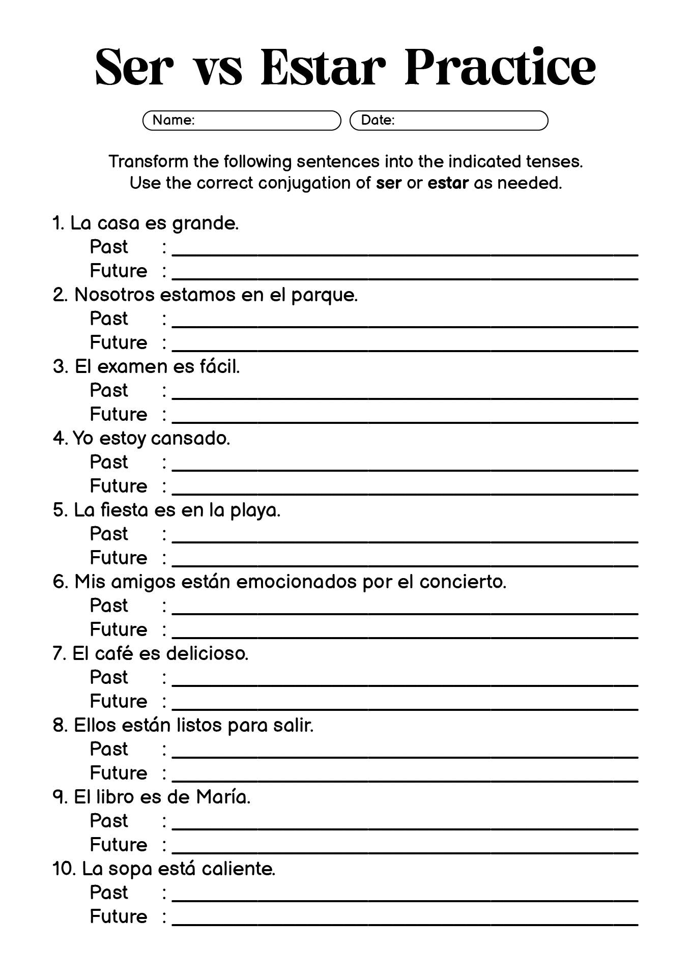 Interactive Ser vs Estar Worksheets for Classroom Use