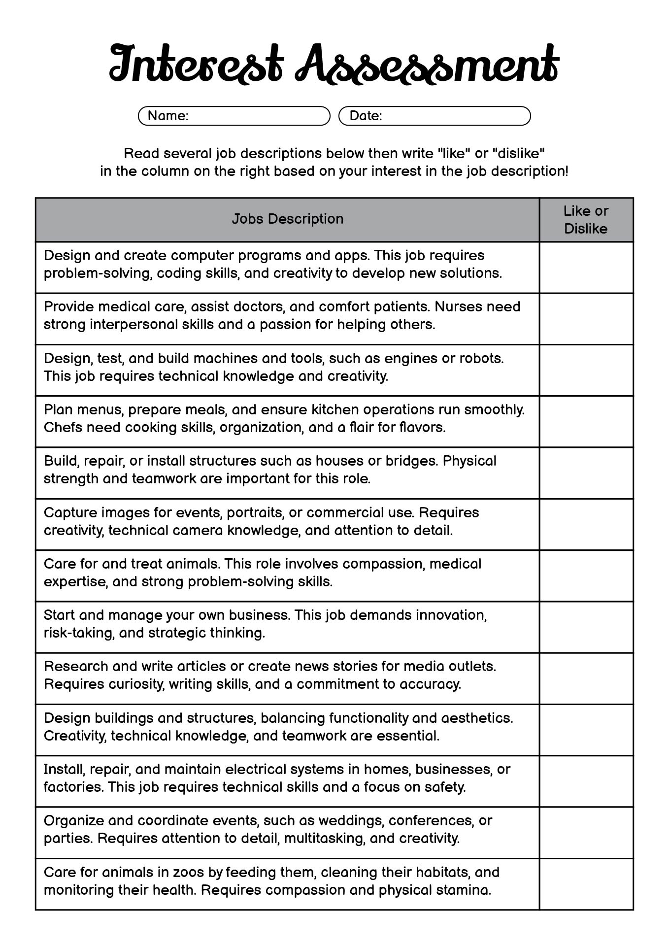 Interest Assessment Worksheets for Student Career Planning