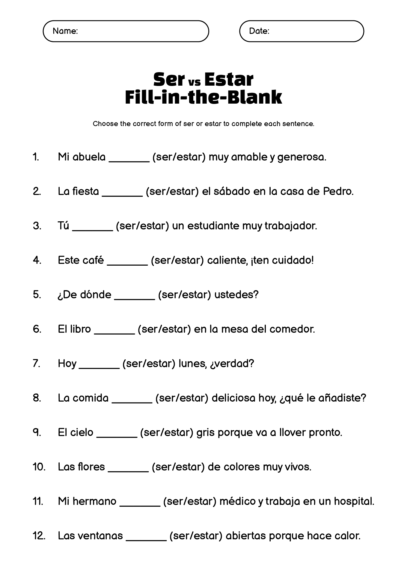 Intermediate Level Ser vs Estar Worksheets