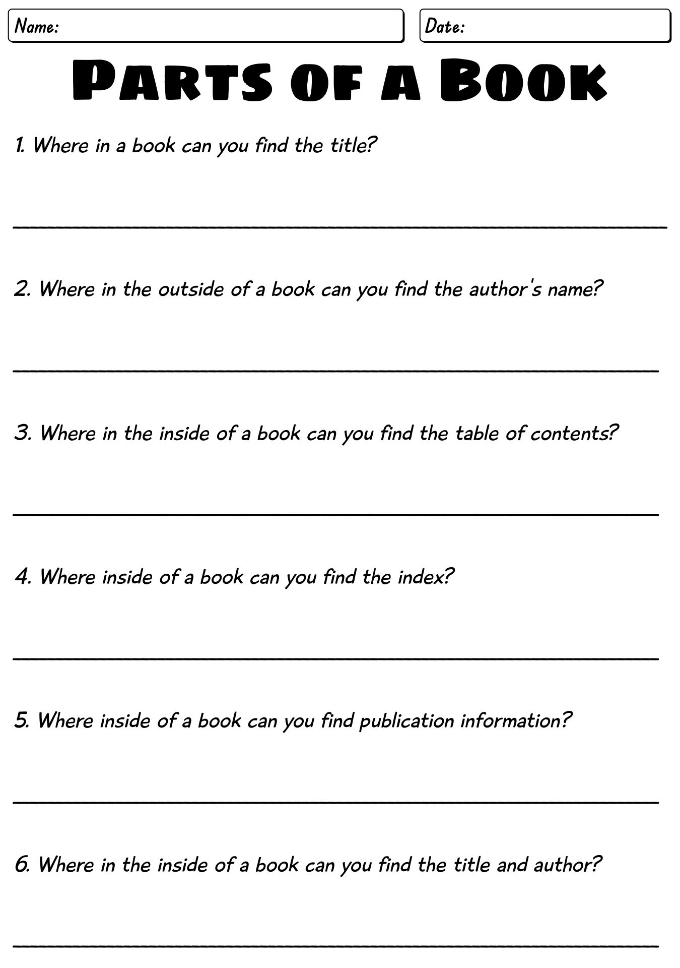 Learning Book Structure in 4th Grade Worksheet