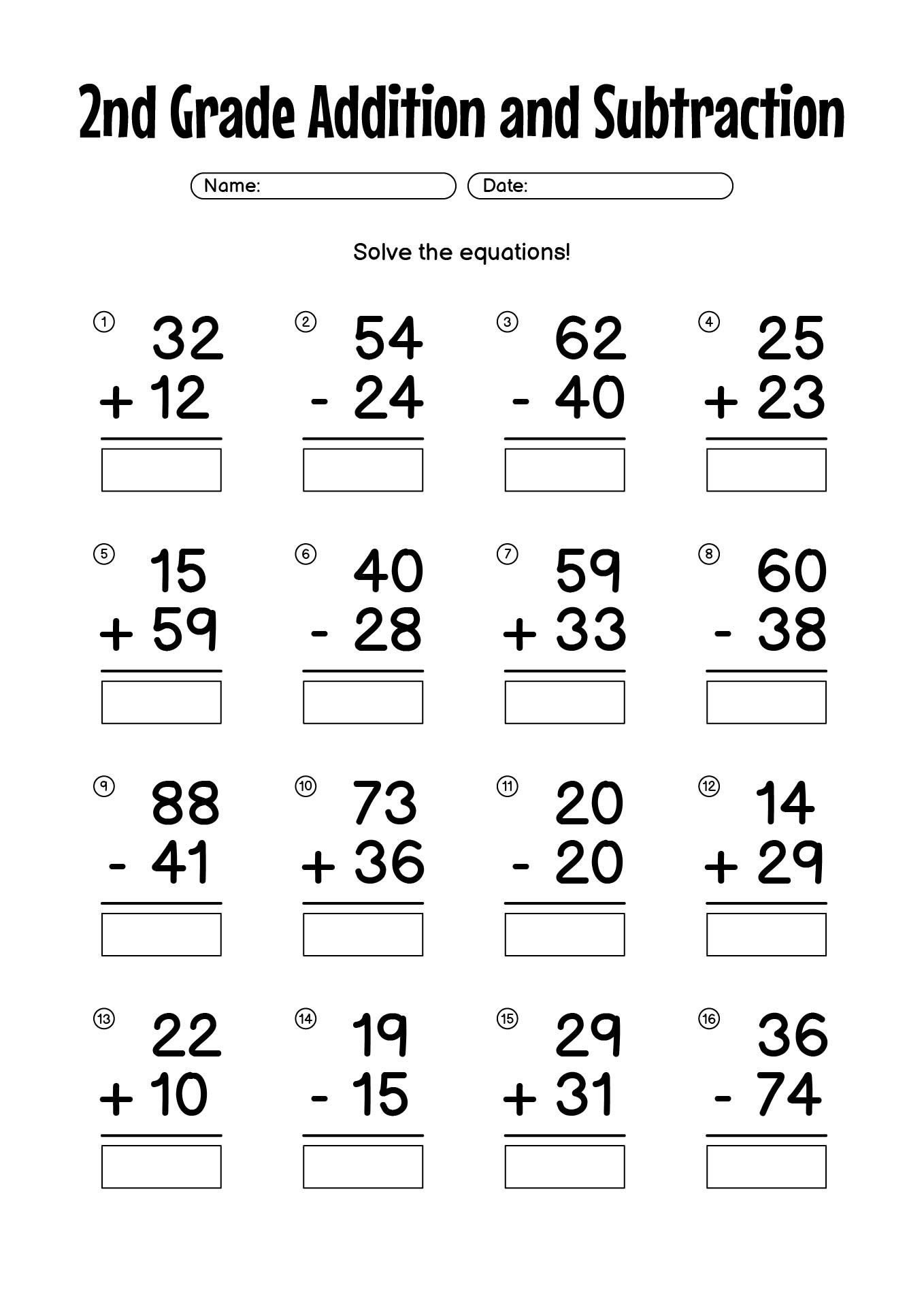 Math Worksheets 2nd Grade Addition and Subtraction