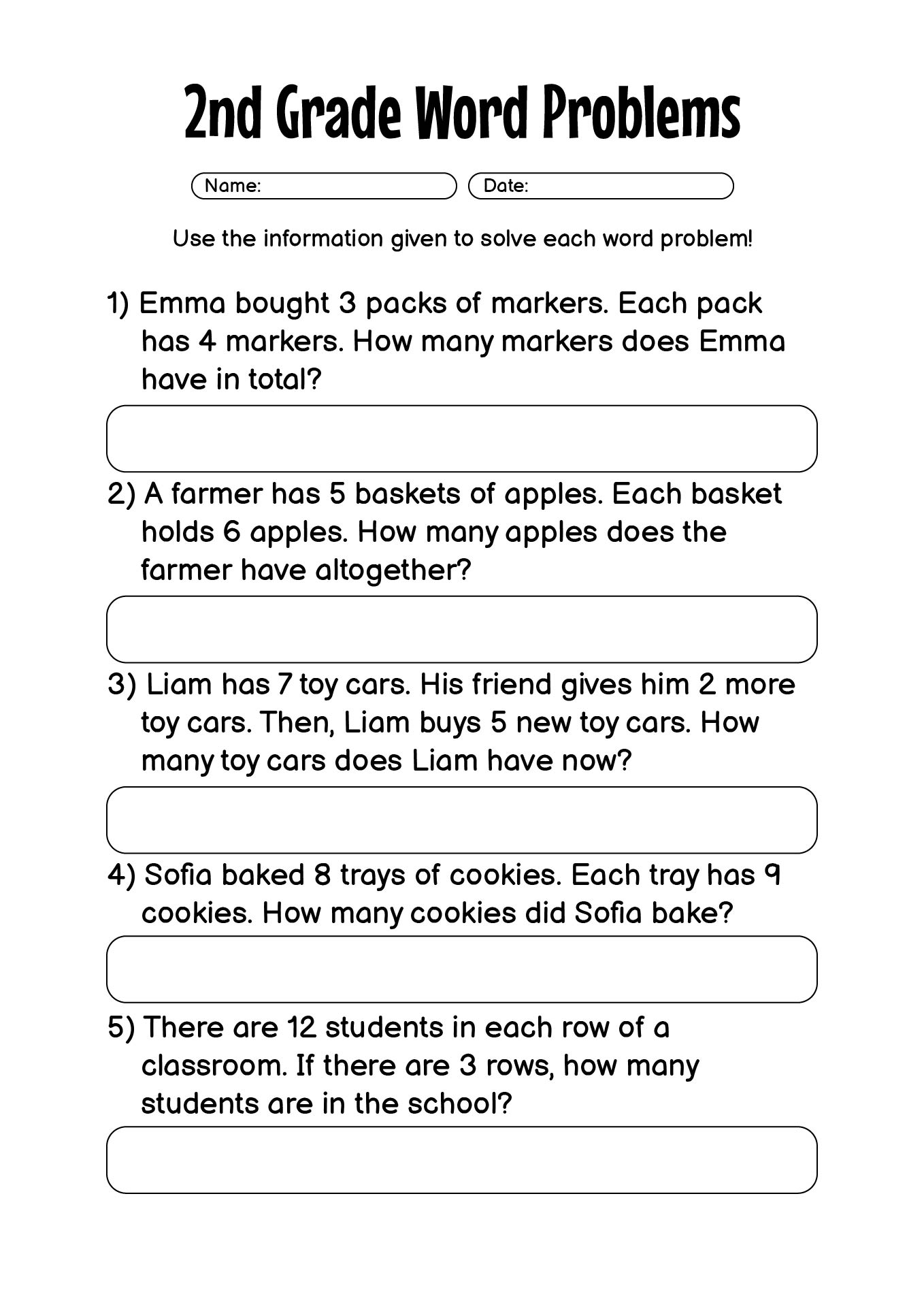 Math Worksheets 2nd Grade Word Problems