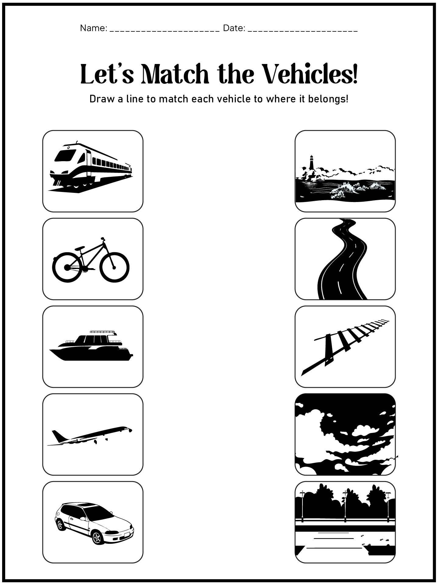 Preschool Transportation Matching Game Worksheet