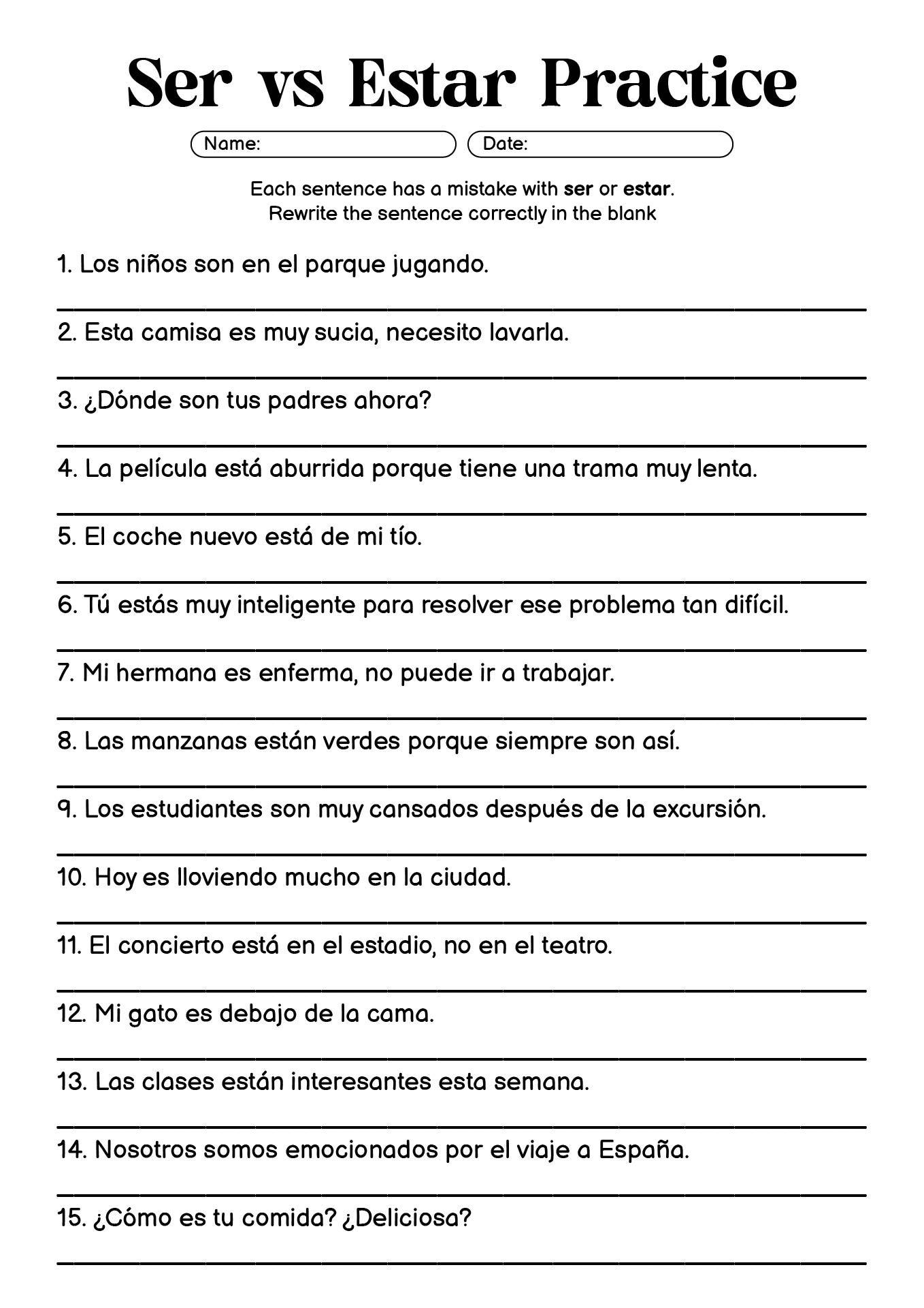 Printable Activities on Ser vs Estar for Spanish Learning