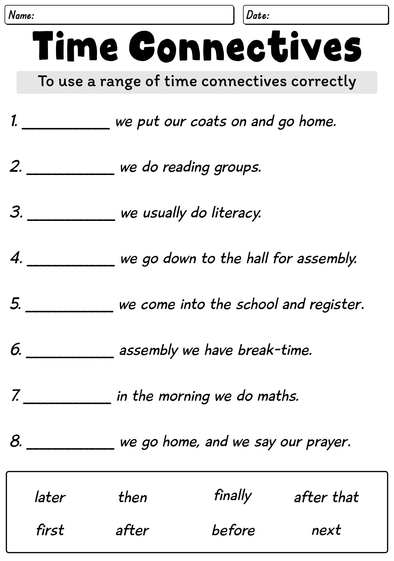 Printable Time Connectives Worksheet for Grade 3