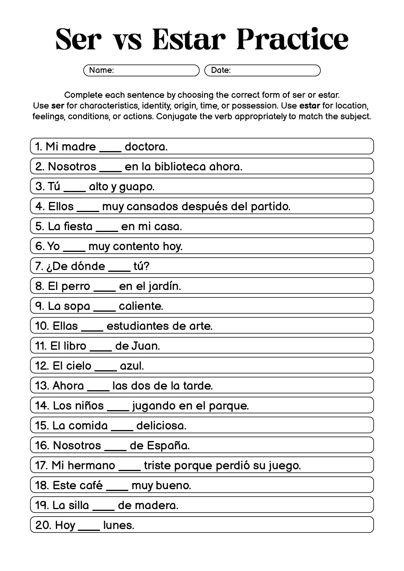 Ser vs Estar Practice Sheets for Beginners