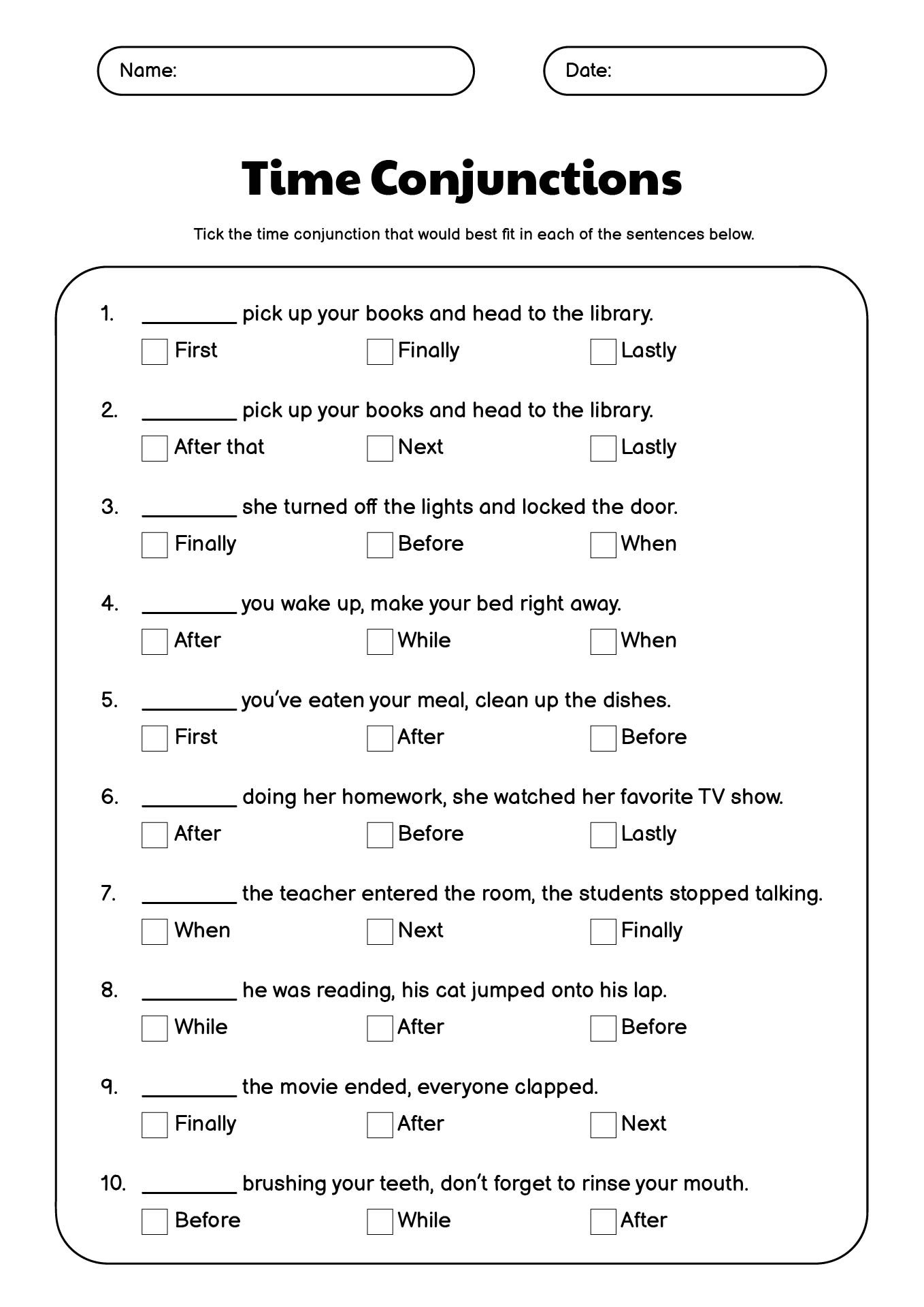 Time Conjunctions Paper Quiz