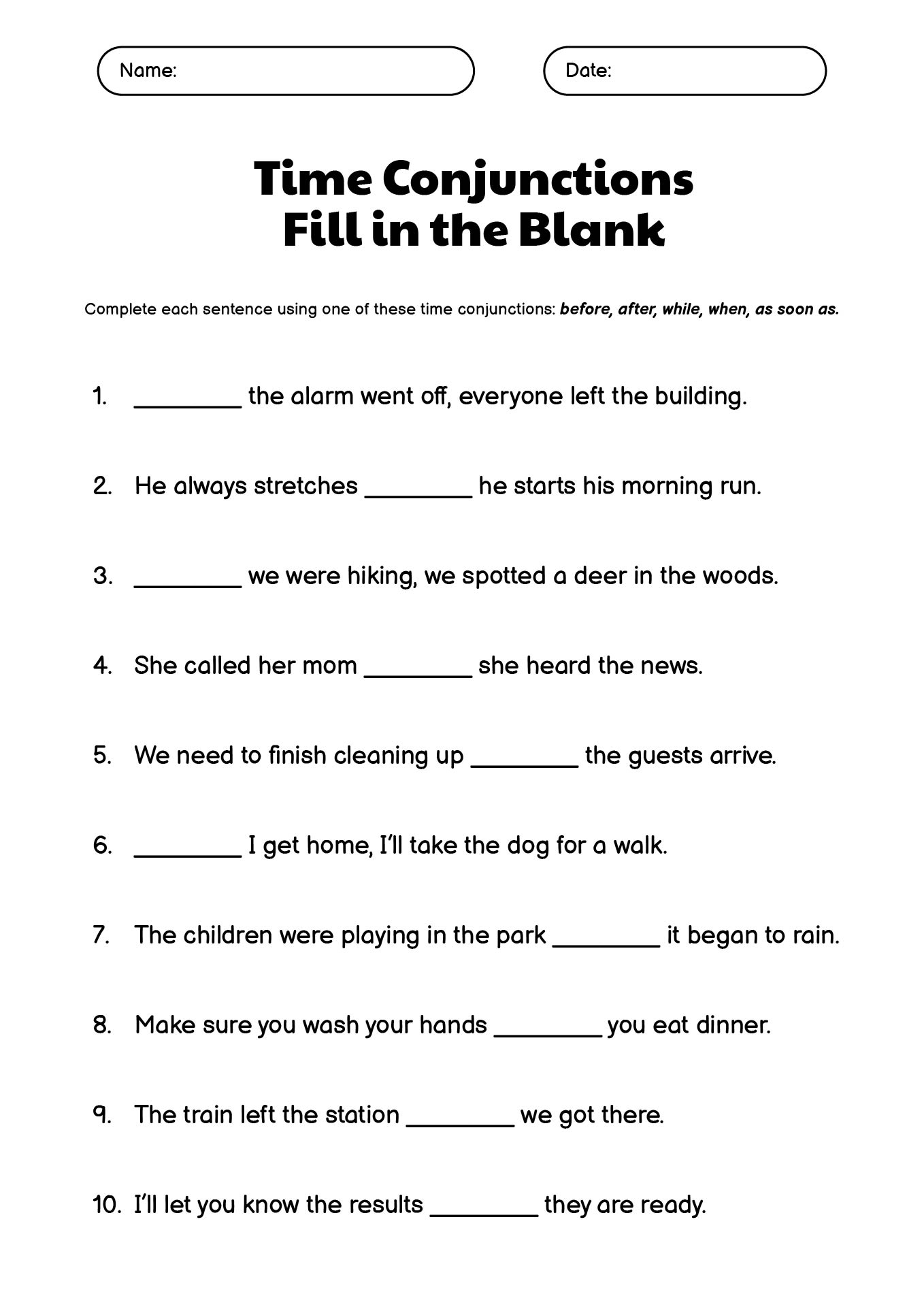 Time Conjunctions Worksheets