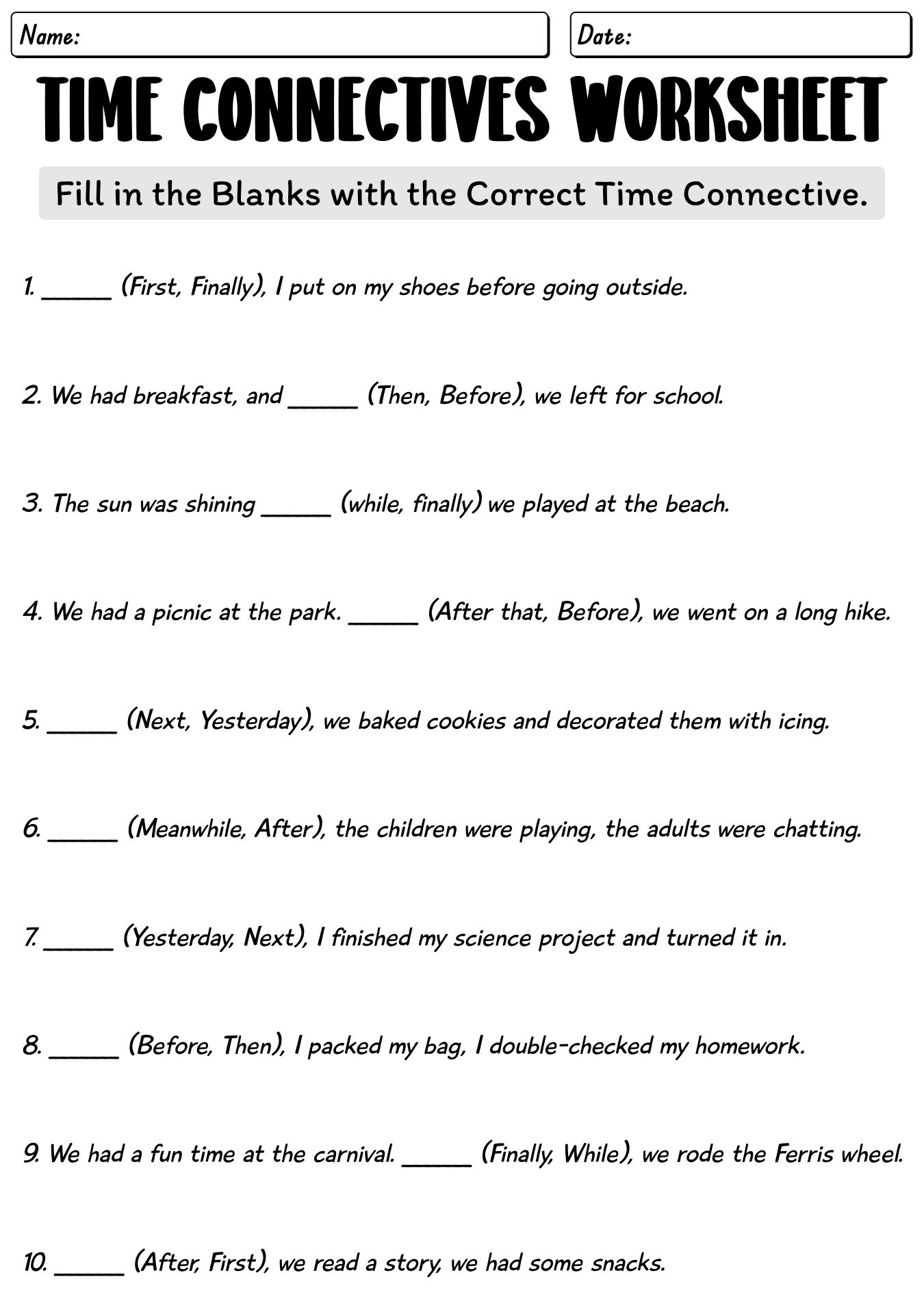 Time Connectives Worksheet for Elementary Students