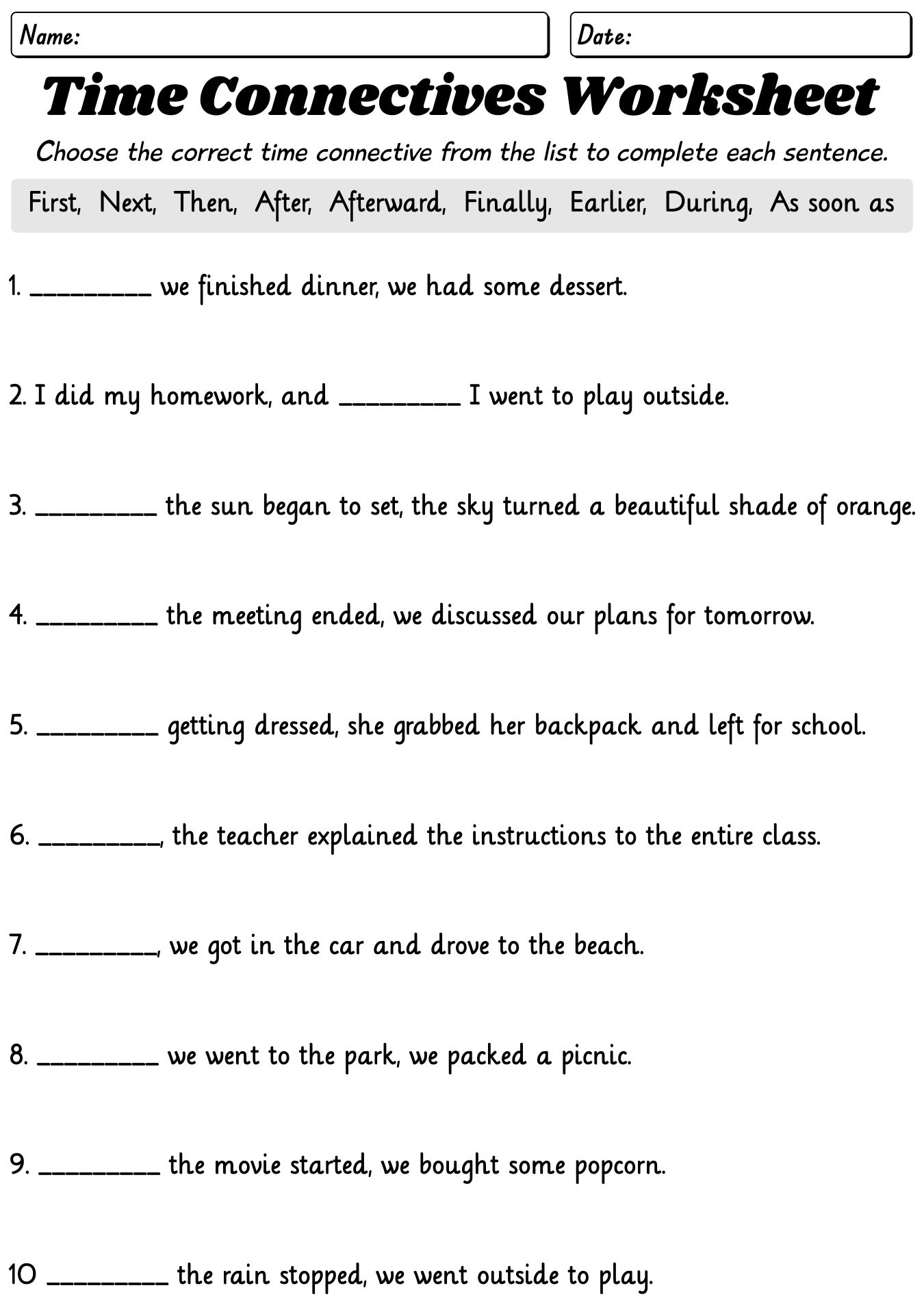 Time Connectives Worksheet for English Language Learners