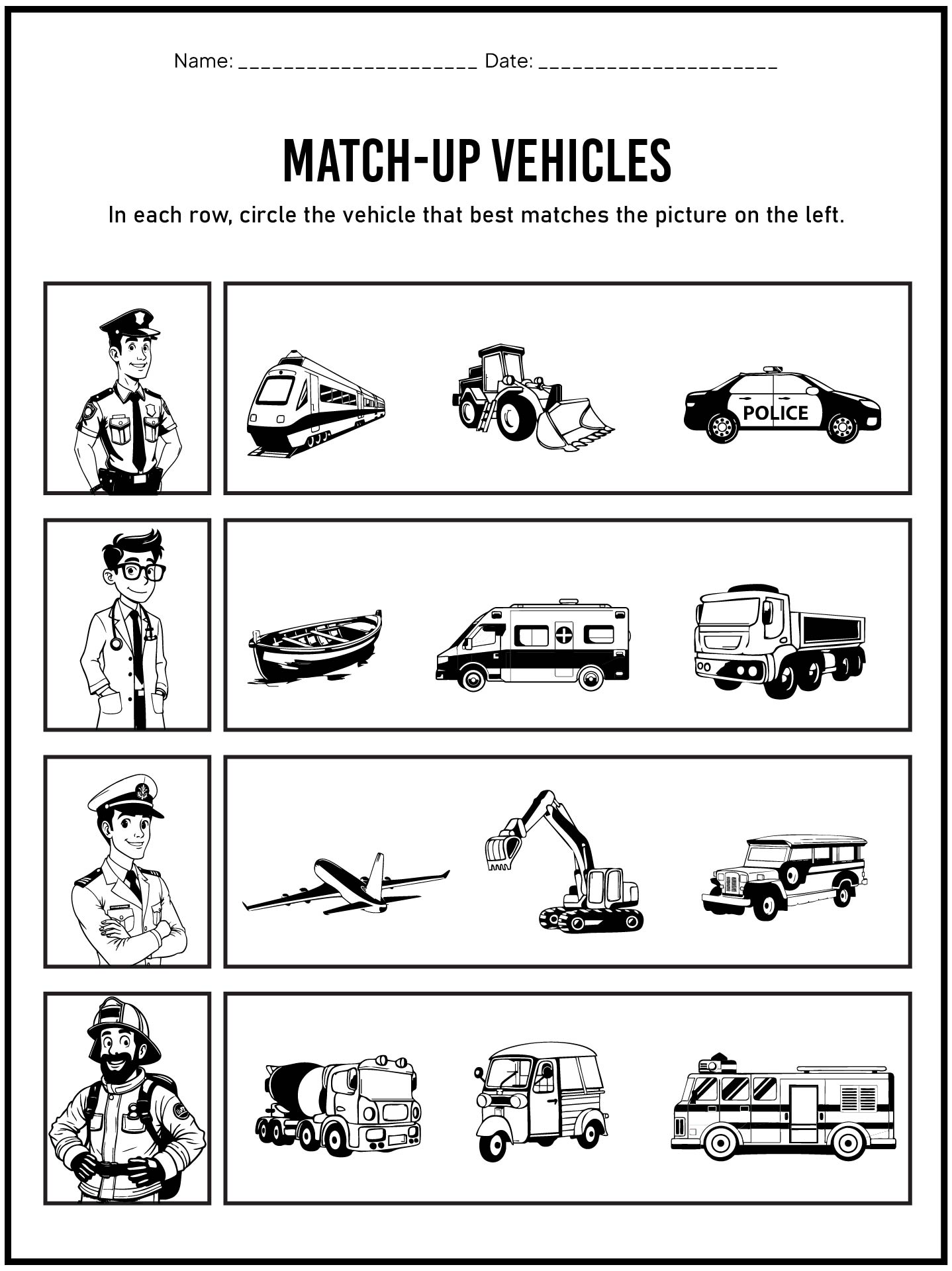 Vehicle Matching Activity Sheet for Preschoolers