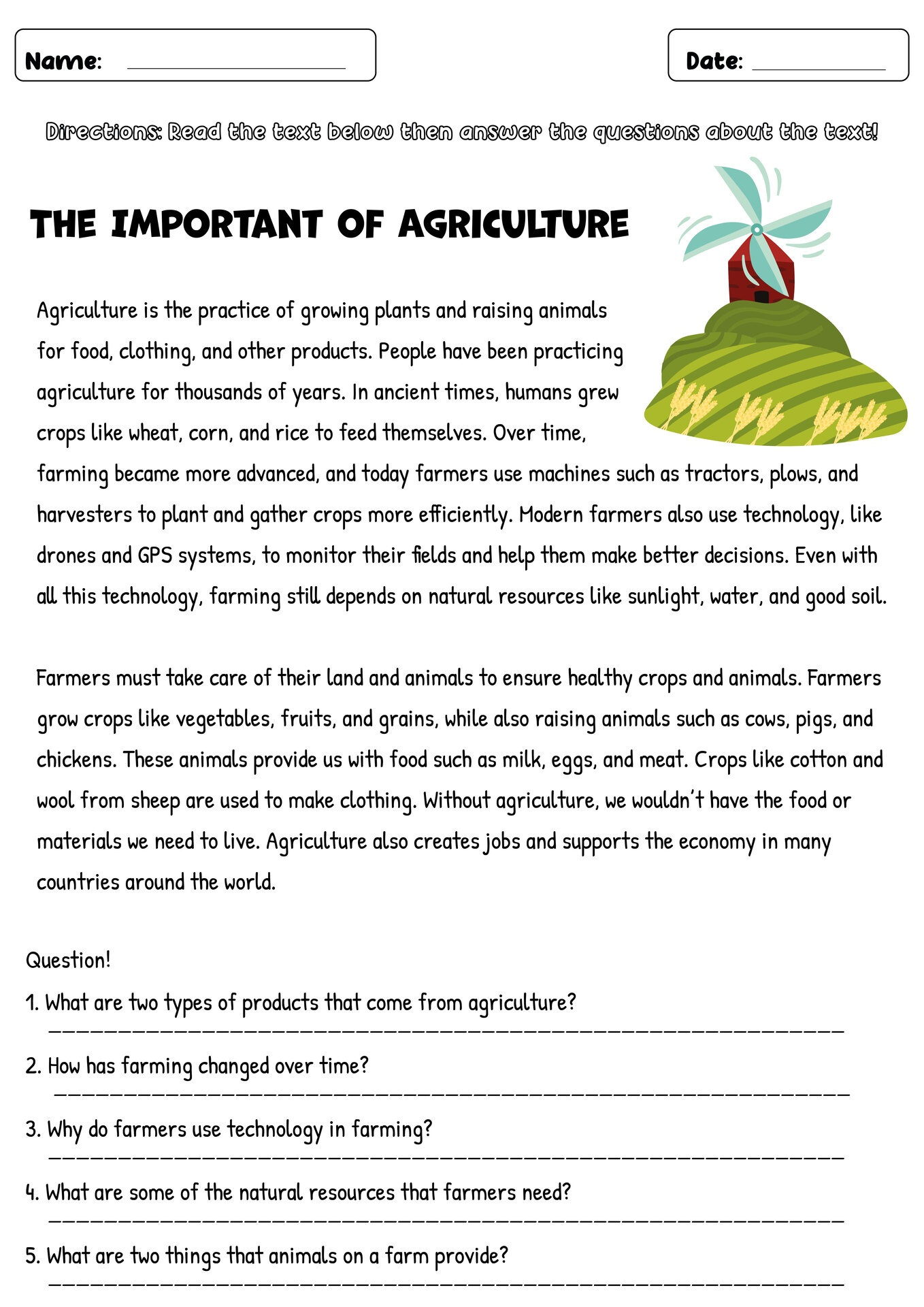 5th Grade Agriculture Reading Comprehension Worksheet