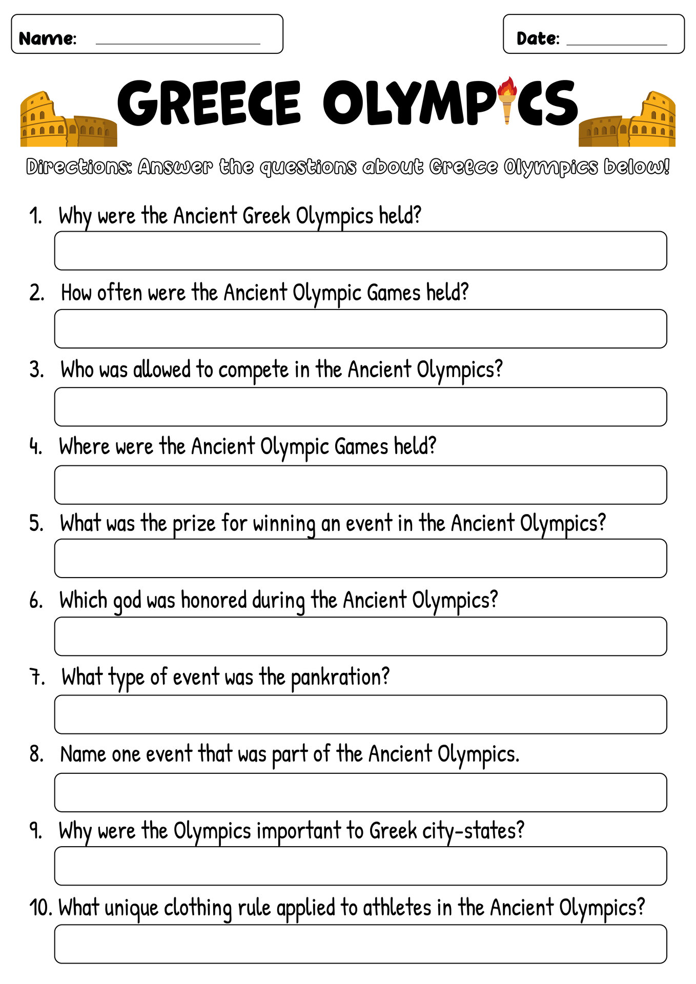 6th Grade Ancient Greek Olympics Activities