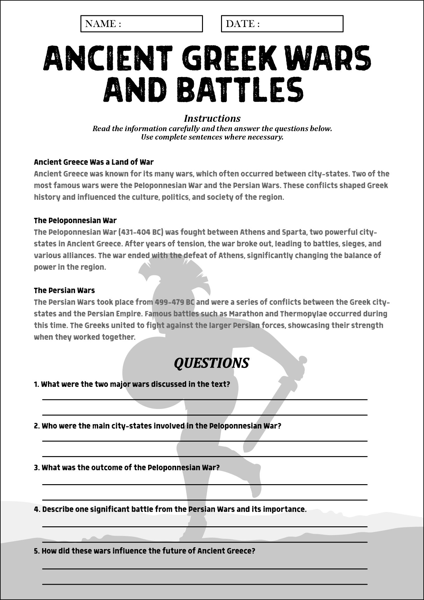 6th Grade Ancient Greek Wars and Battles Worksheets