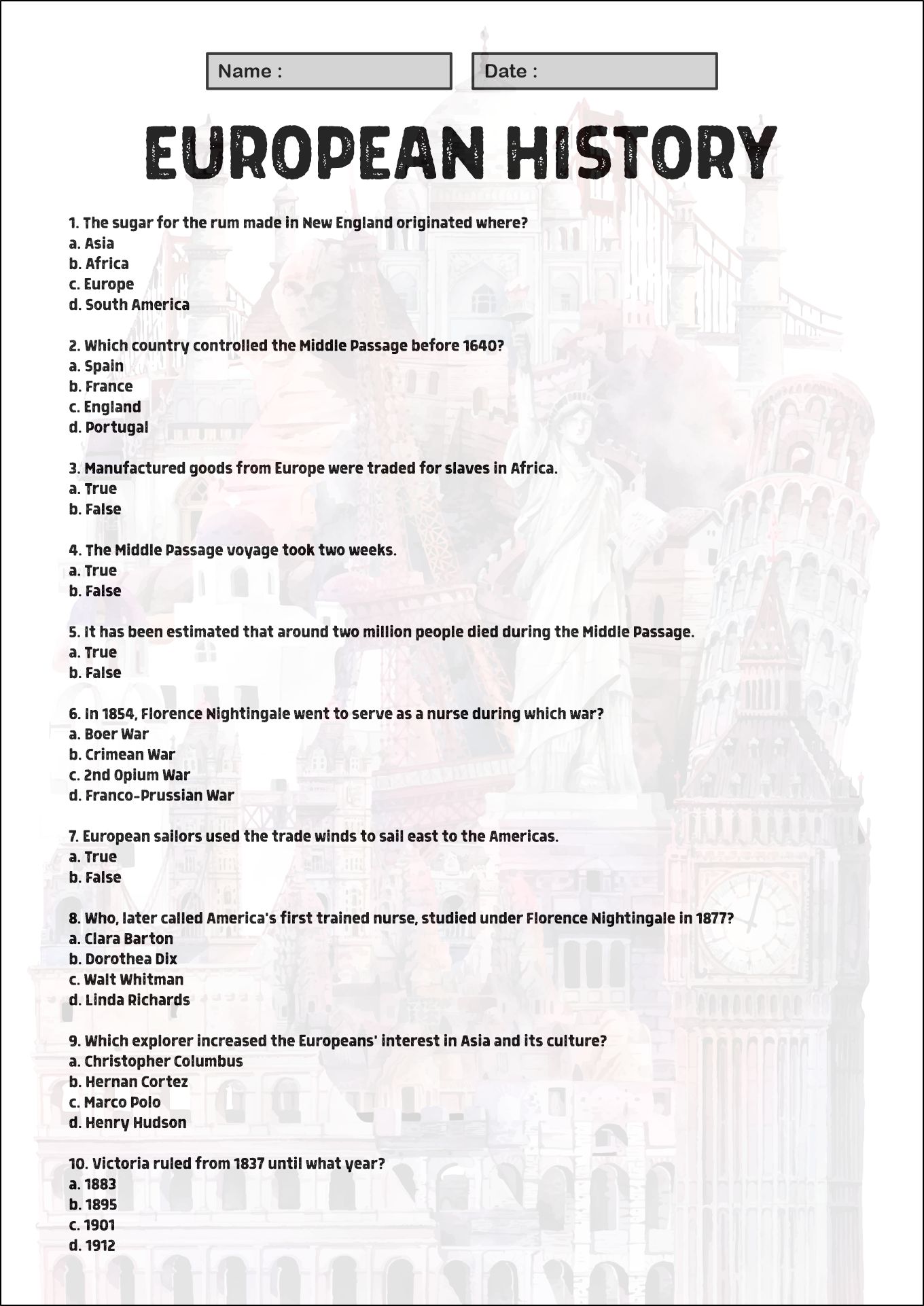 7th Grade European History Question Sheets