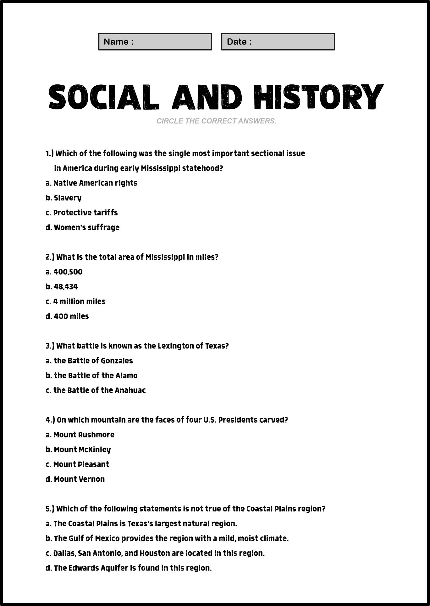 7th Grade Social Studies and History Worksheets