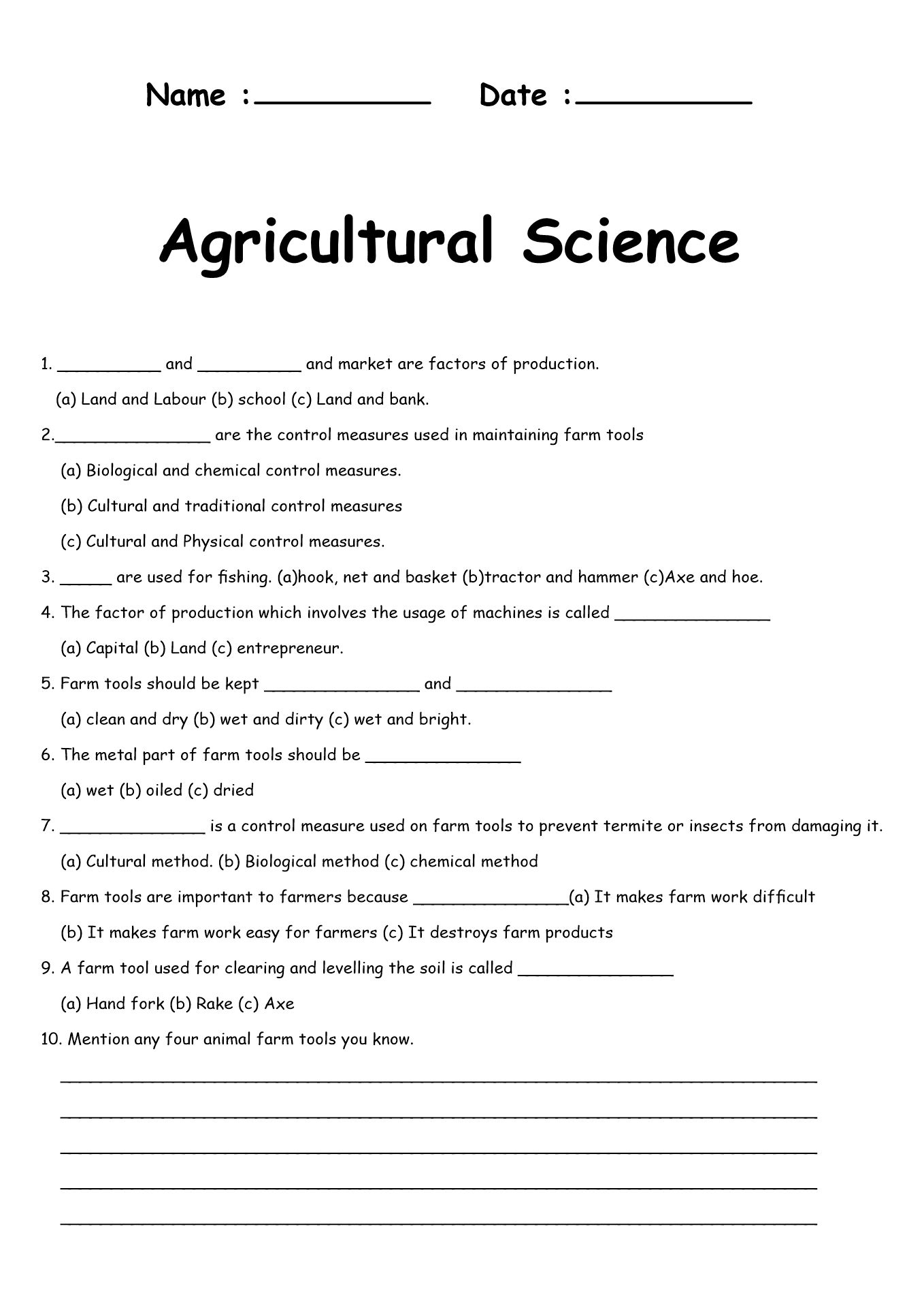 Agricultural Science Reading Practice Sheets