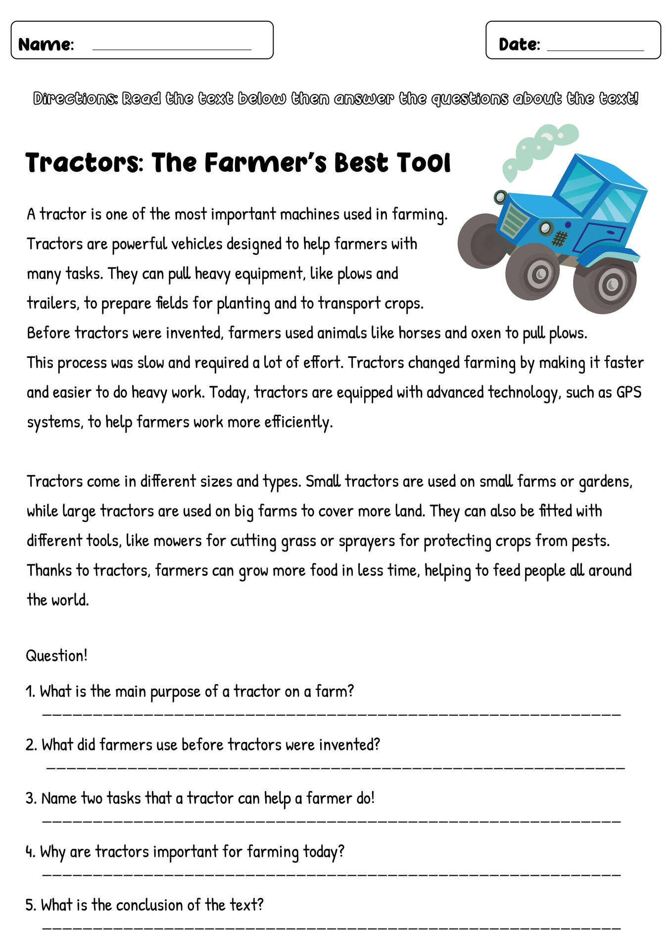 Agriculture Reading Worksheet for Students