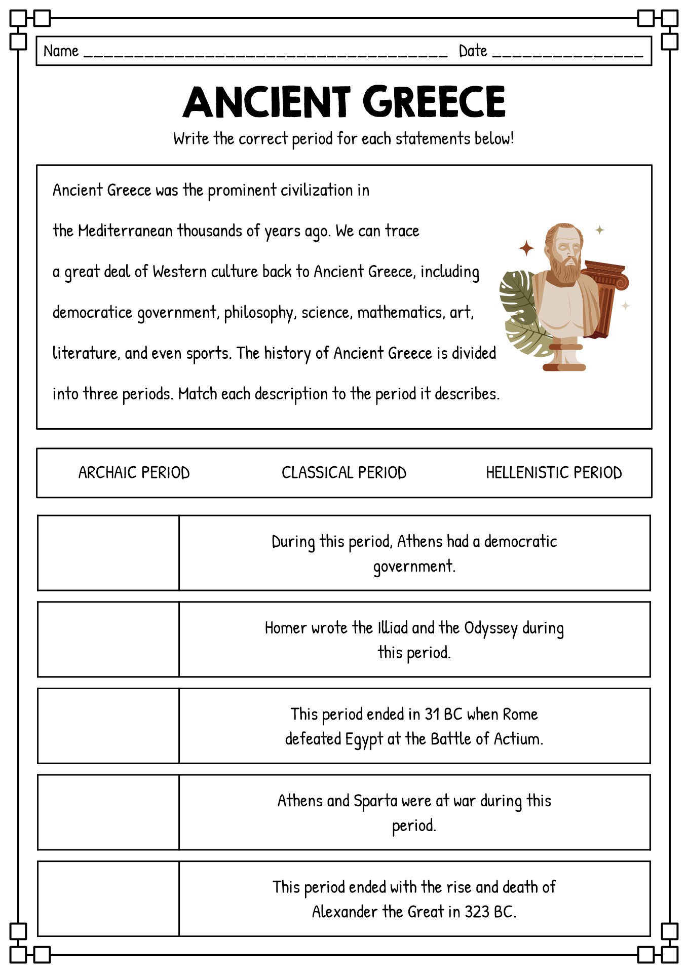 Ancient Greece 6th Grade History Worksheets