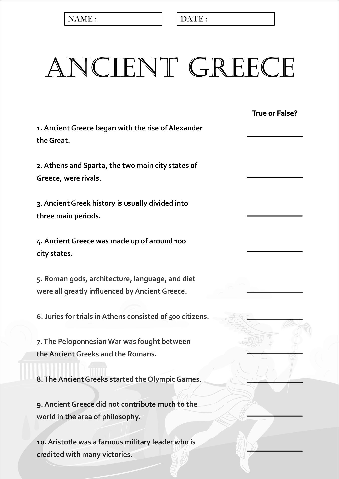 Ancient Greece Daily Life Worksheets for 6th Grade Students