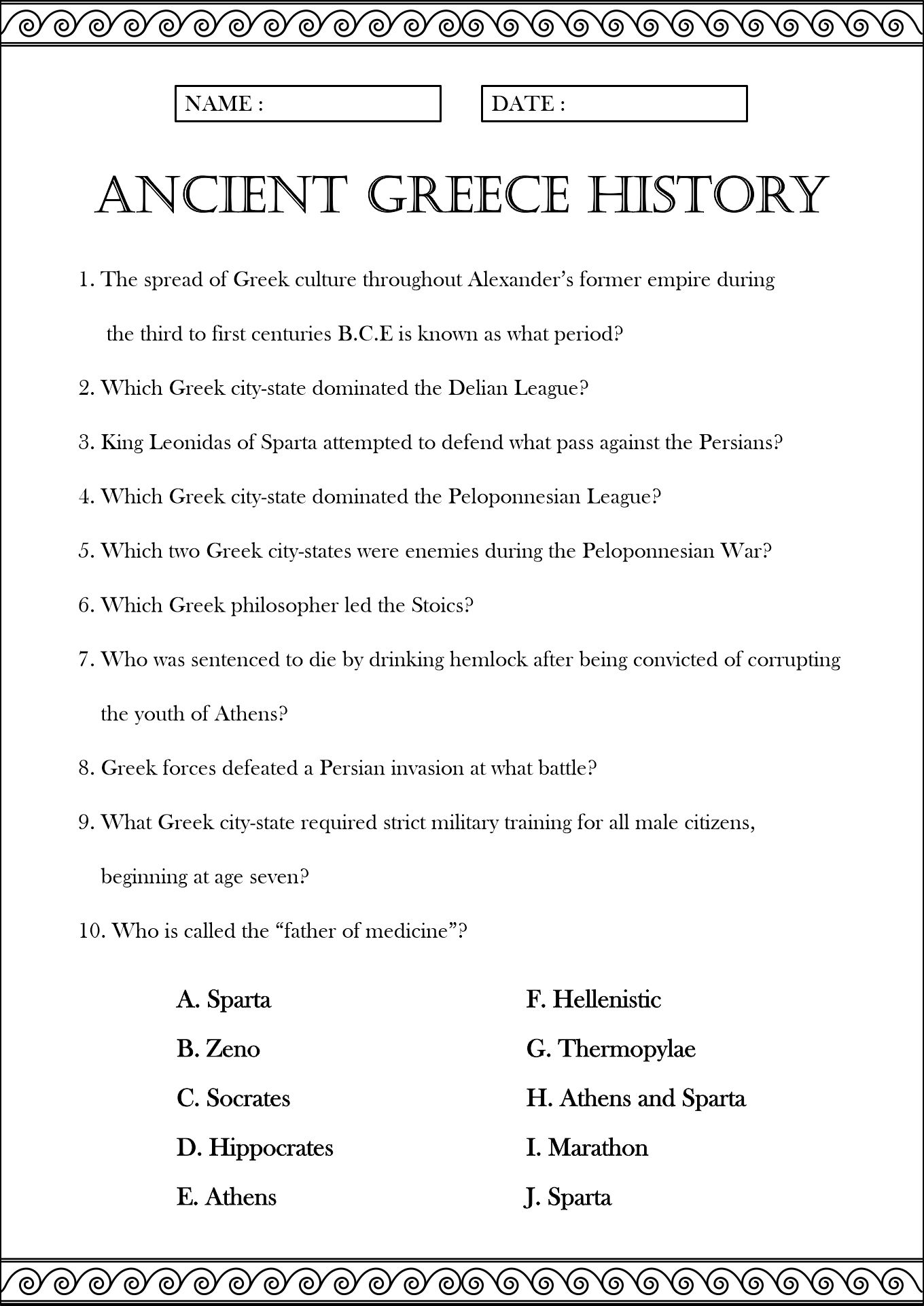 Ancient Greece History Worksheets for 6th Grade