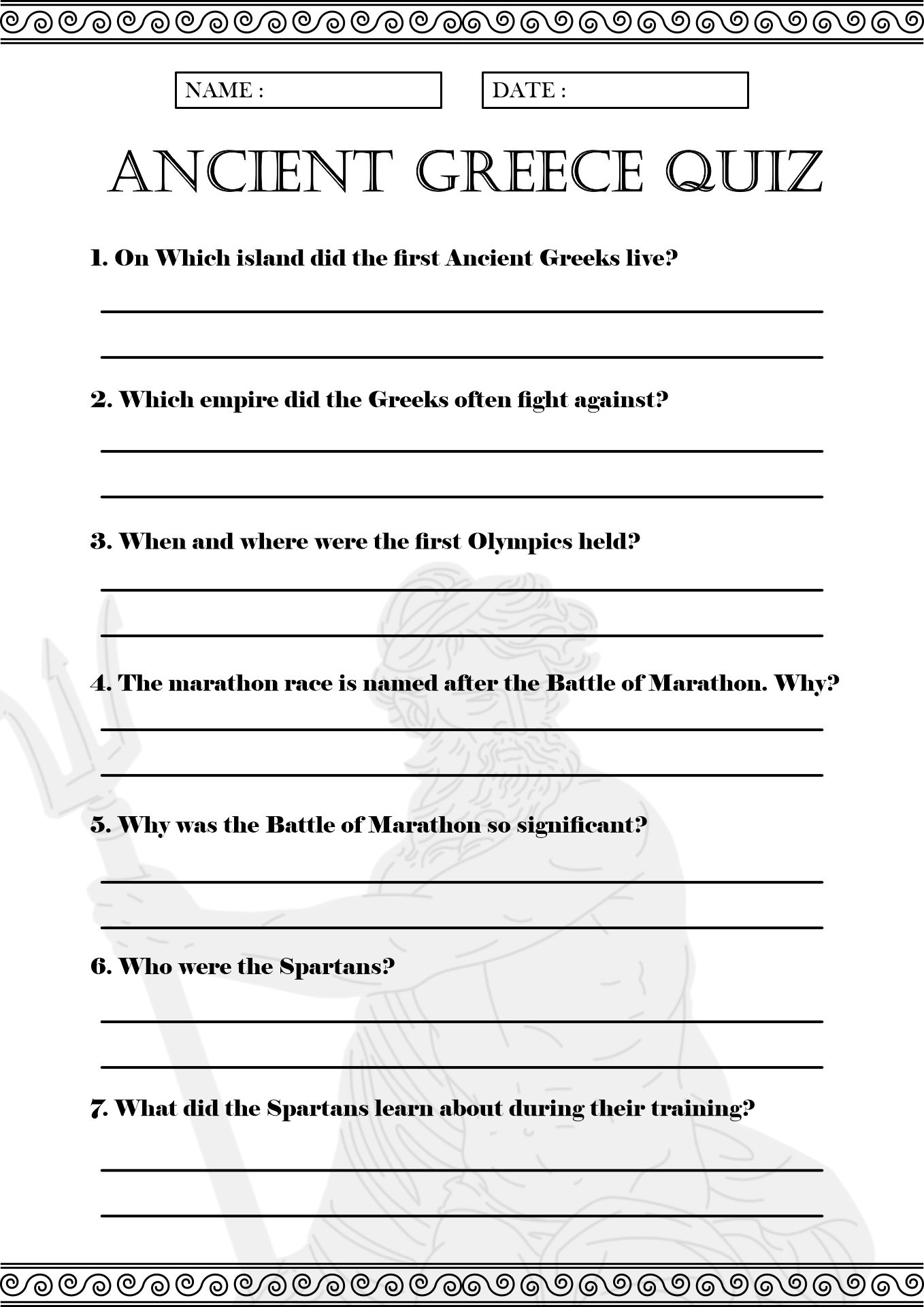 Ancient Greece Quiz Activity Sheets