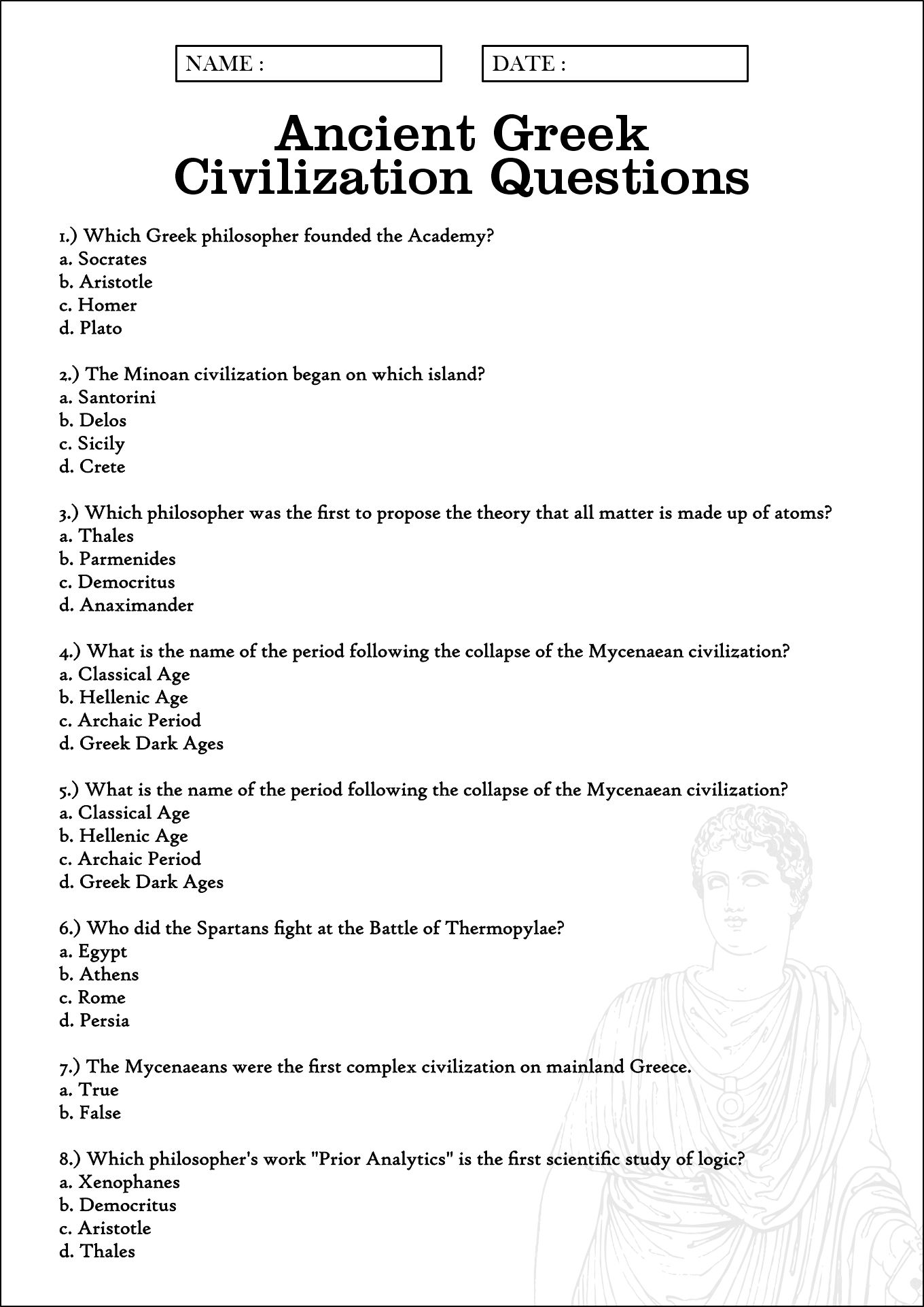 Ancient Greek Civilization Questions for Grade 6