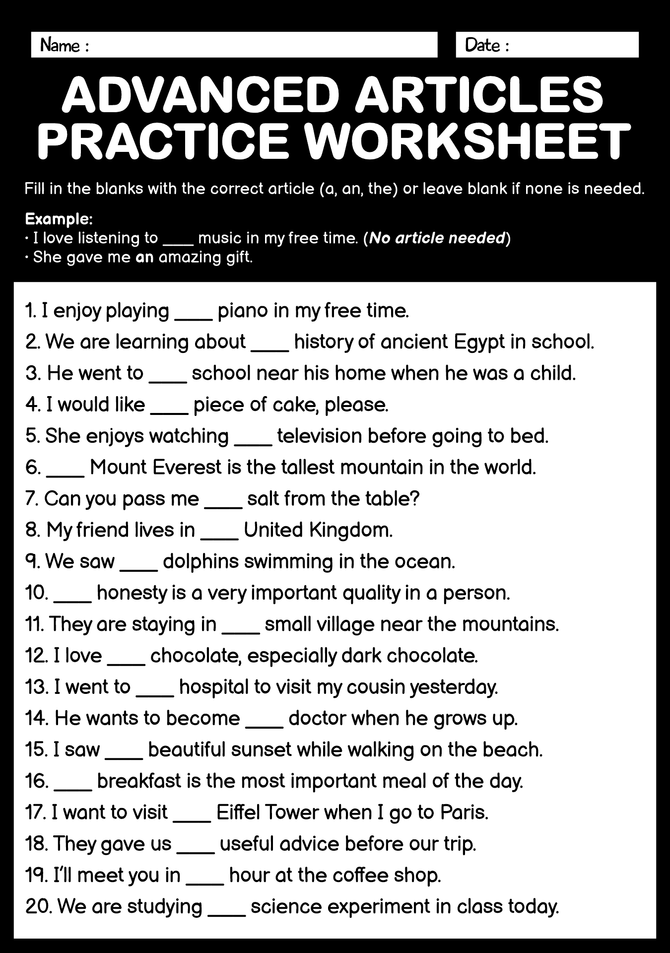 Basic English Articles Worksheet