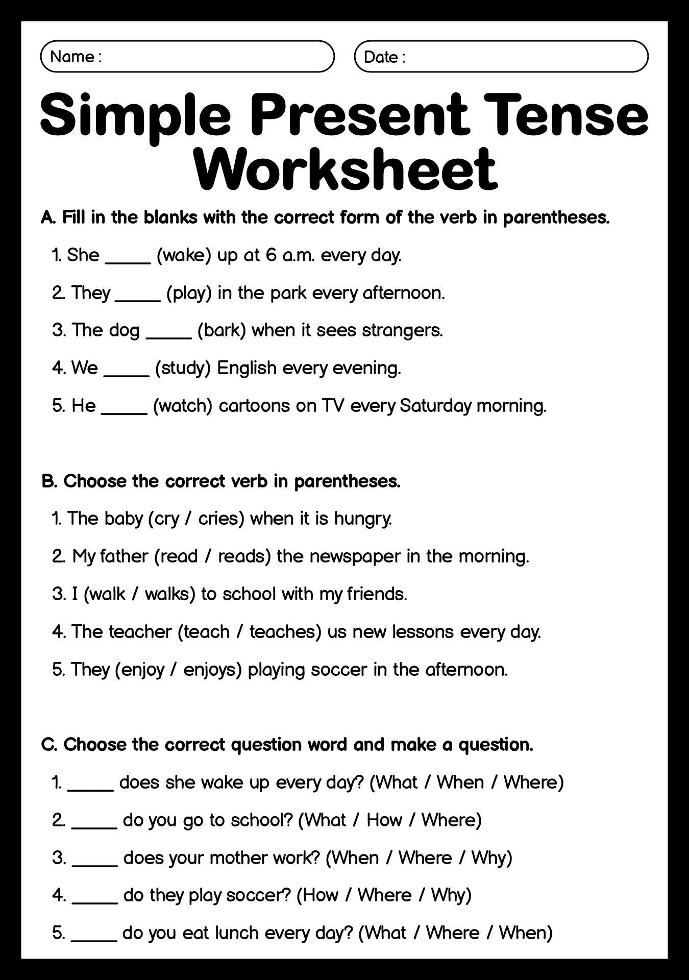 Basic English Grammar Simple Present Tense Worksheet