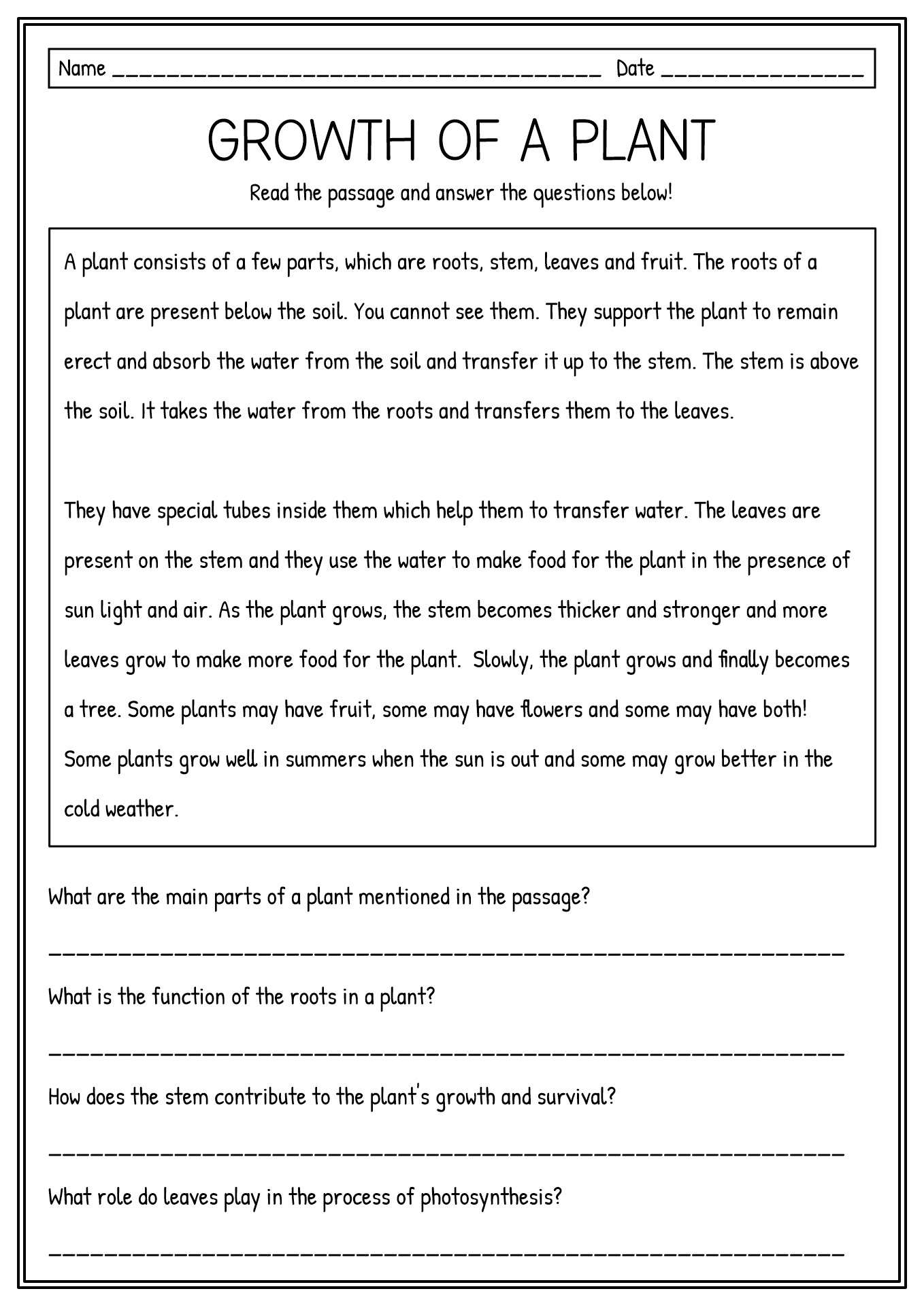 Basic Plant Parts Reading Comprehension Worksheets