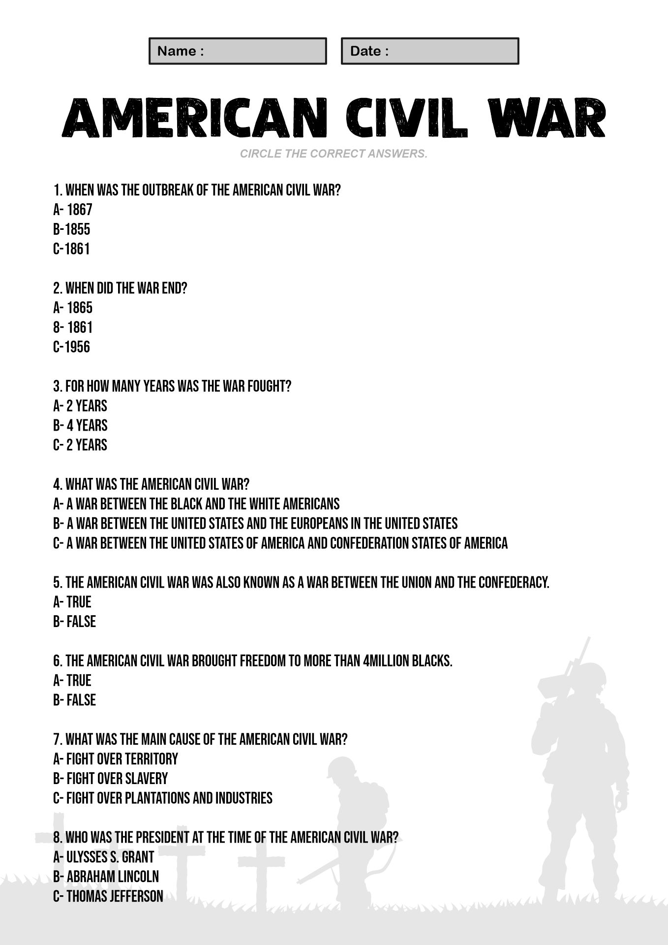 Civil War Worksheets for Seventh Graders