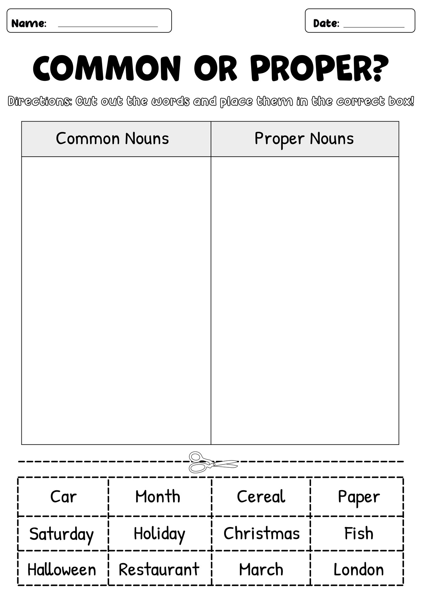 Common and Proper Nouns Cut and Paste Activity