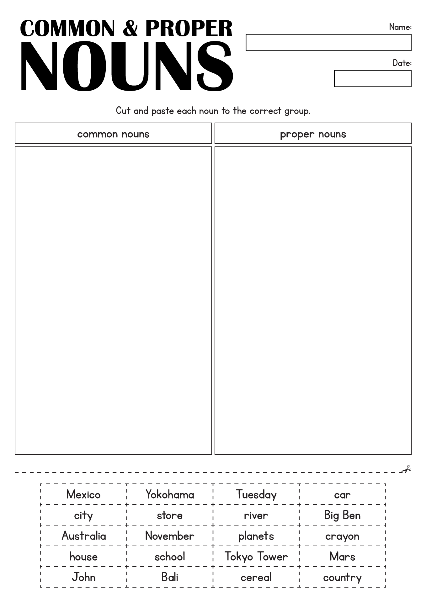 Common and Proper Nouns Sorting Worksheet Cut and Paste