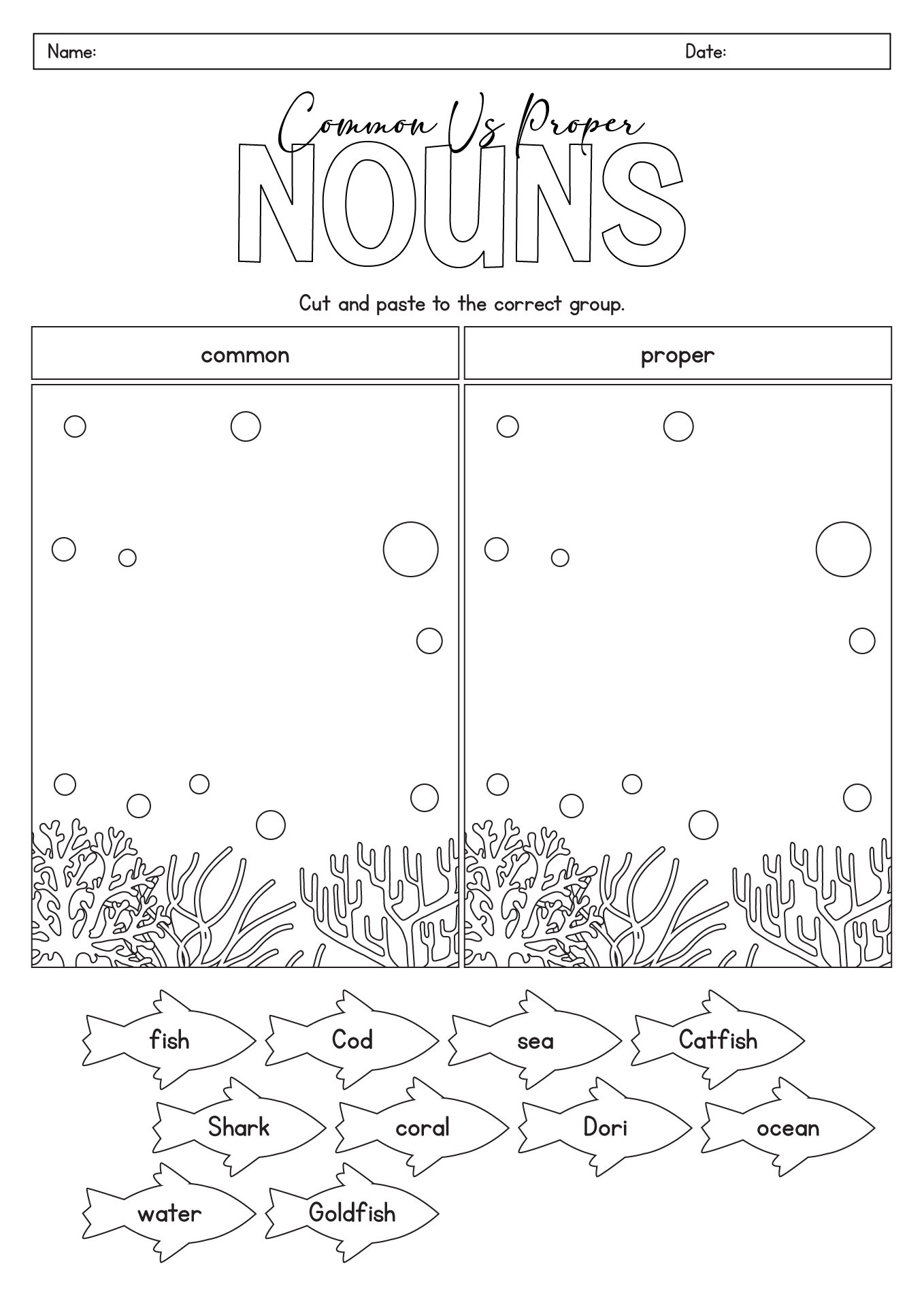 Common vs Proper Nouns Practice Sheet Cut and Paste