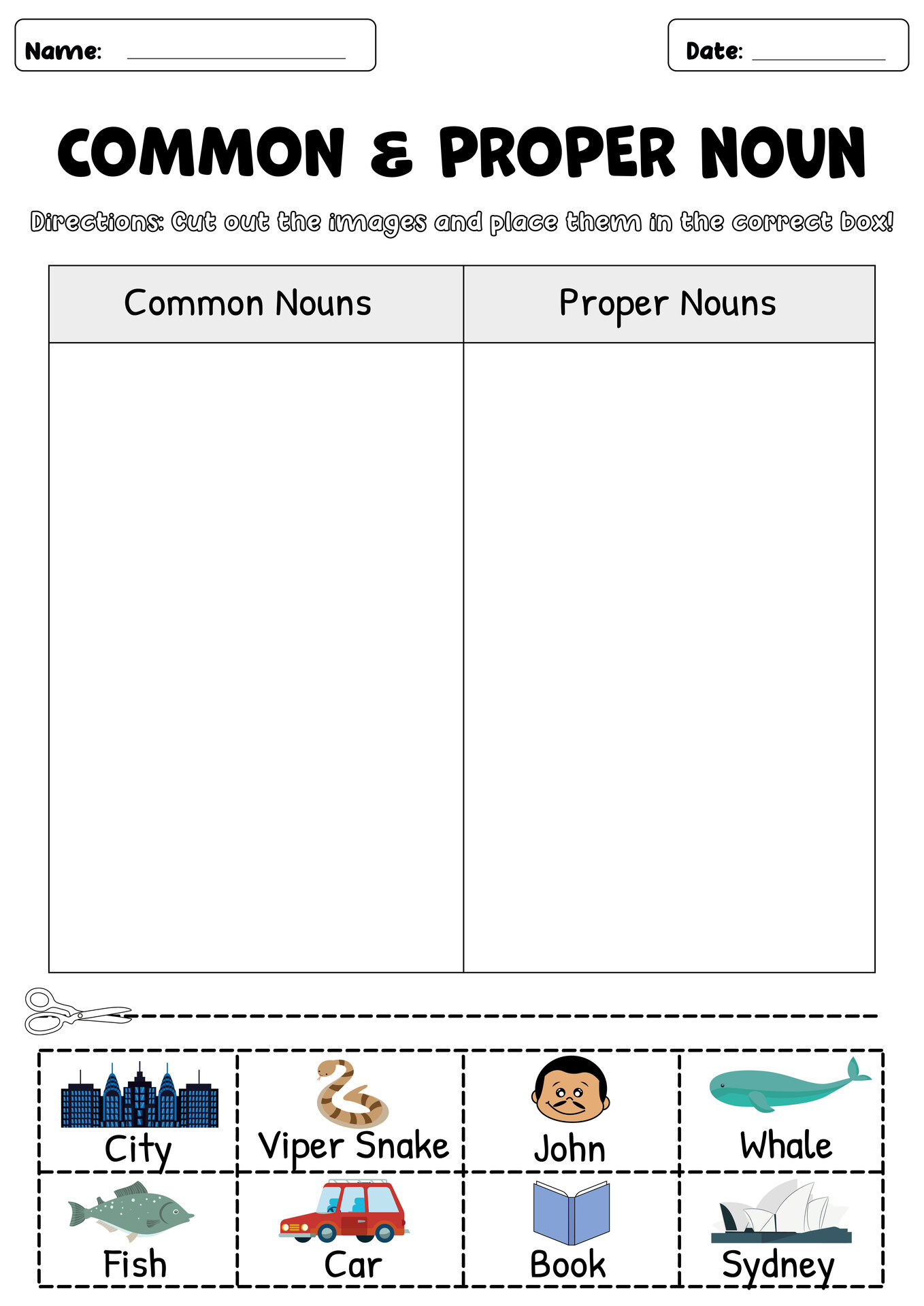 Cut and Paste Worksheet for Identifying Common and Proper Nouns